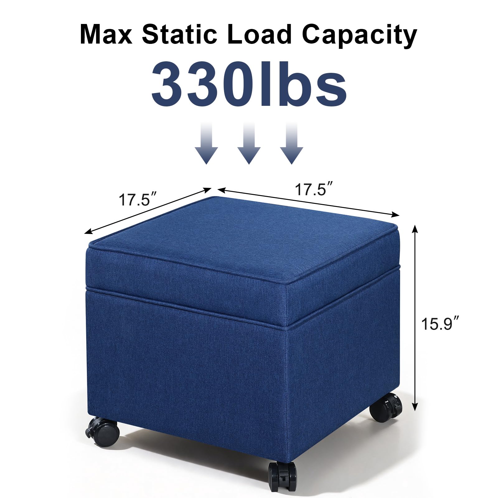 17.5" Navy Blue Square Fabric Storage Ottoman with Rolling Legs