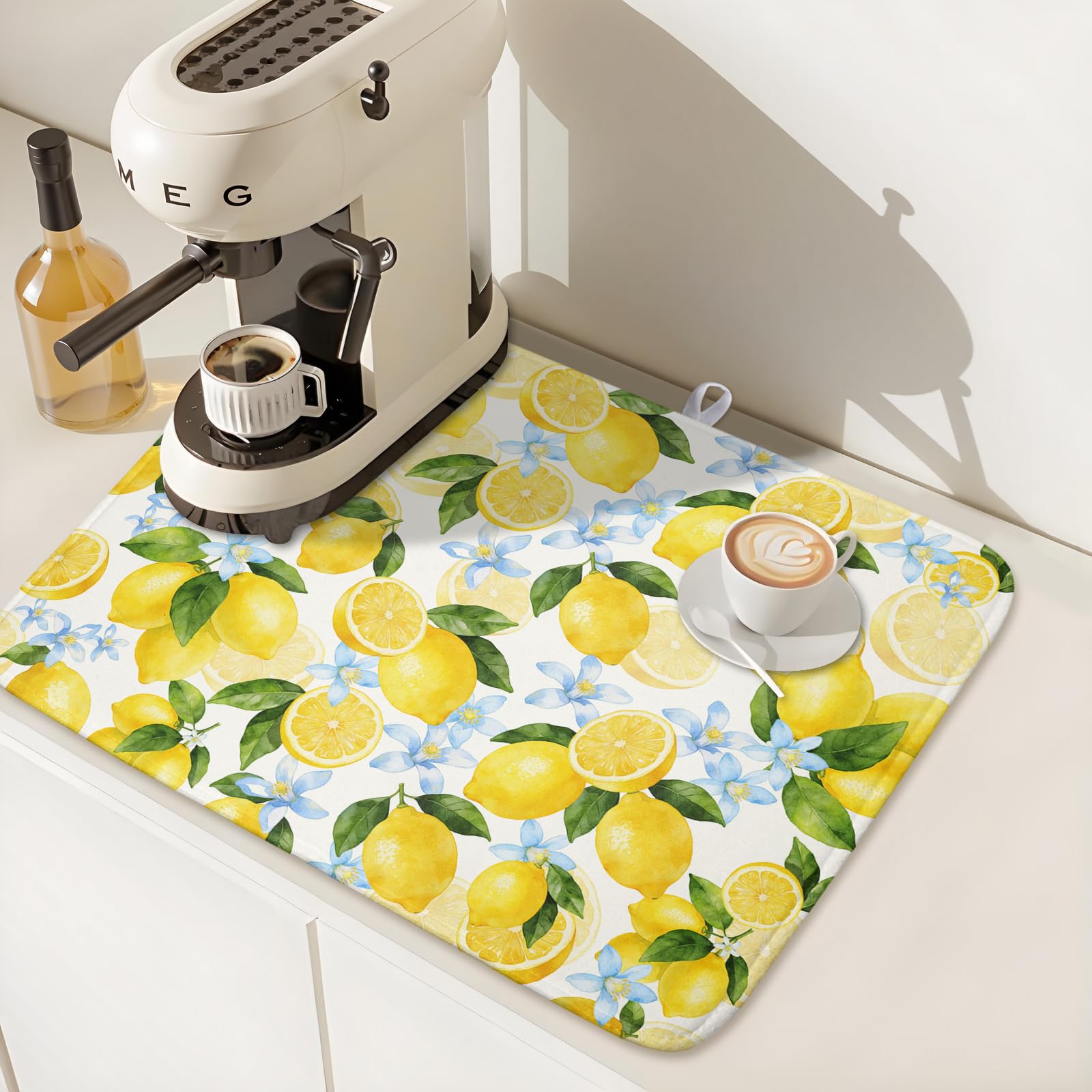 Lemon Dish Drying Mat 18x24 Inch Absorbent Reversible Summer Drying Mat Floral Lemon Fruits Dish Drying Rack Mat Yellow Summer Themed Dish Drainer Mat for Kitchen Counter Coffee Bar