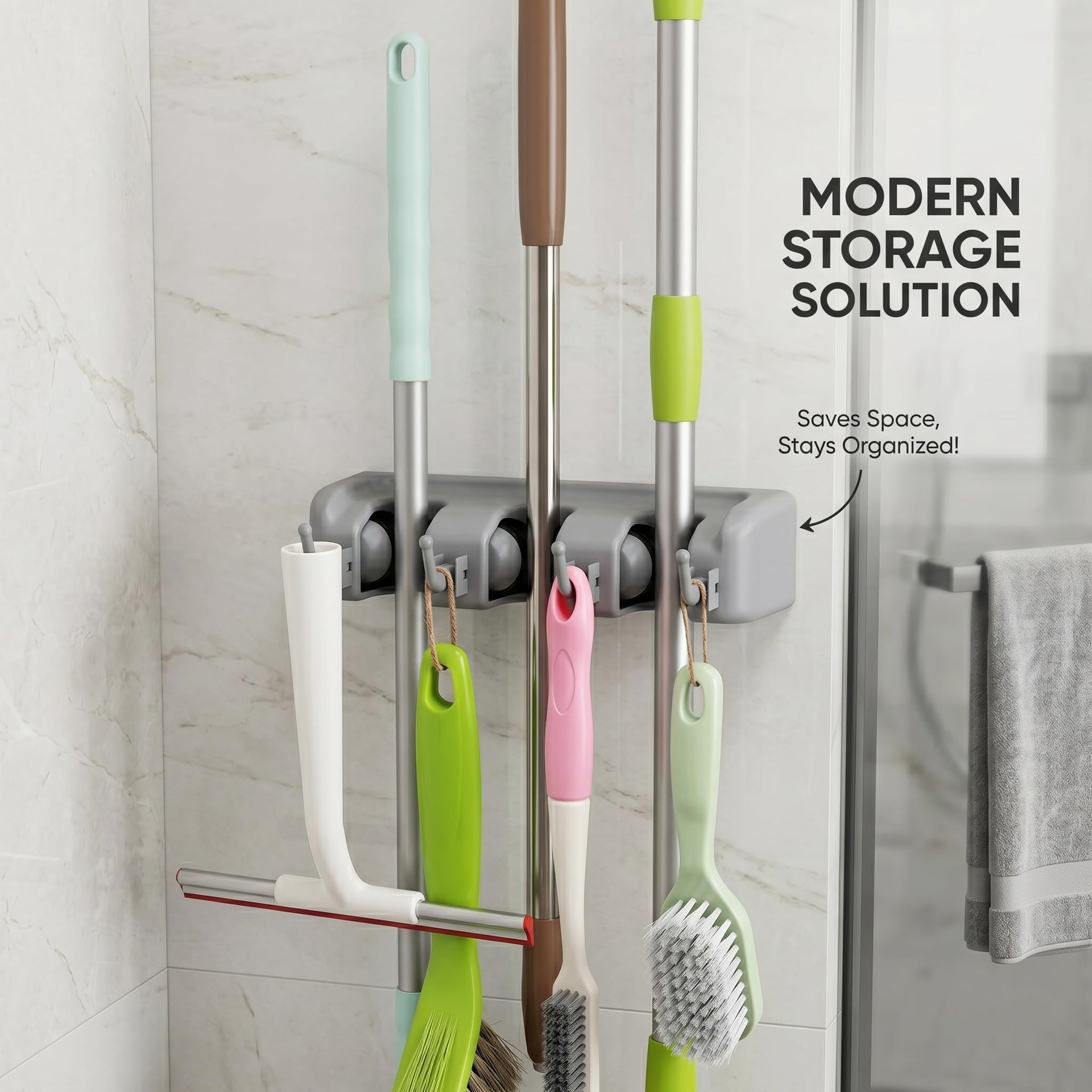 Mop and Broom Holder Wall Mounted 3 Position Storage Rack with 4 Retractable Hooks Holds up to 7 Tools Utility Weatherproof Holder for Garage Storage Systems Broom Organizer
