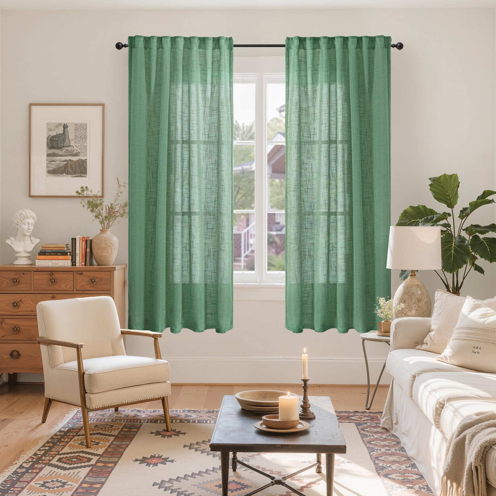 Green Linen Semi Sheer Curtains 63 Inch Length (2 Count)