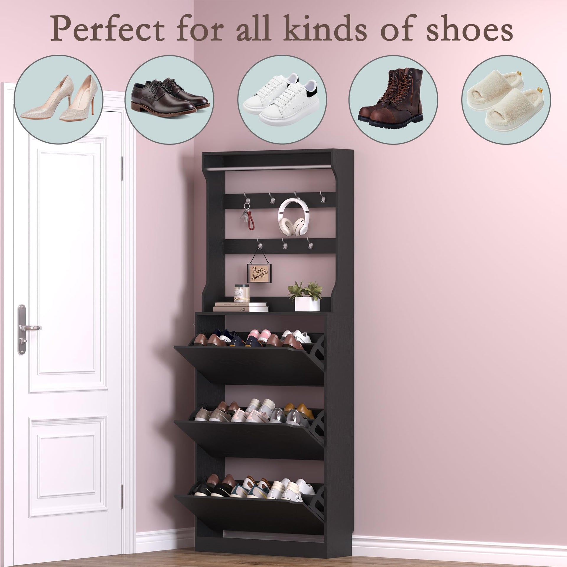 Shoe Cabinet with 3 Flip Drawers & Coat Rack