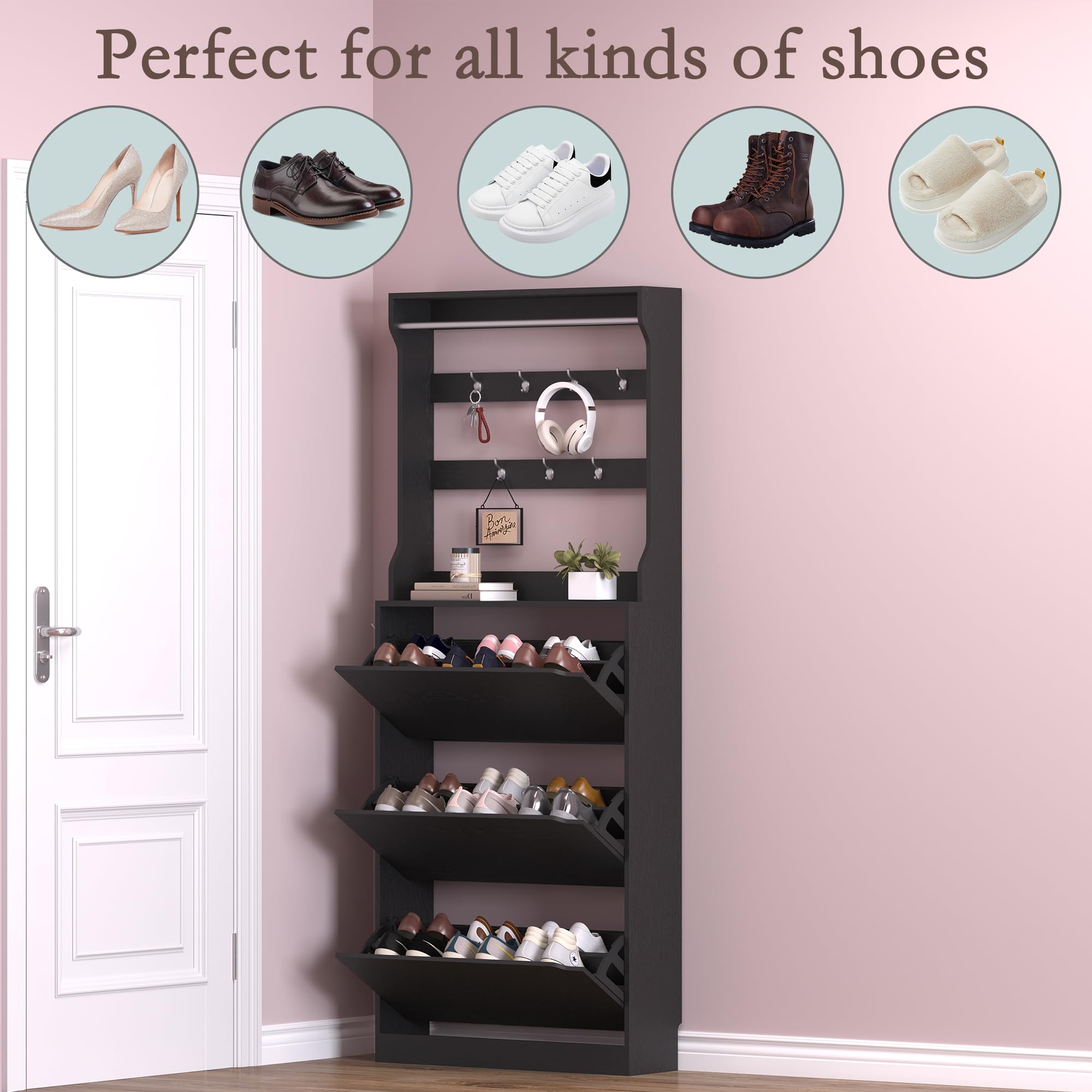 Shoe Cabinet with 3 Flip Drawers & Coat Rack
