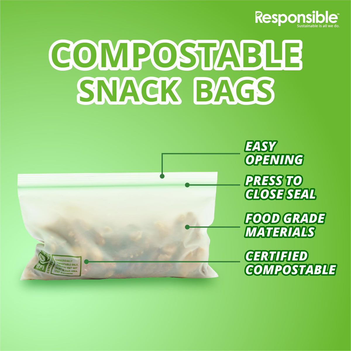 Certified Compostable SNACK Resealable Zip Bag (40 Count)