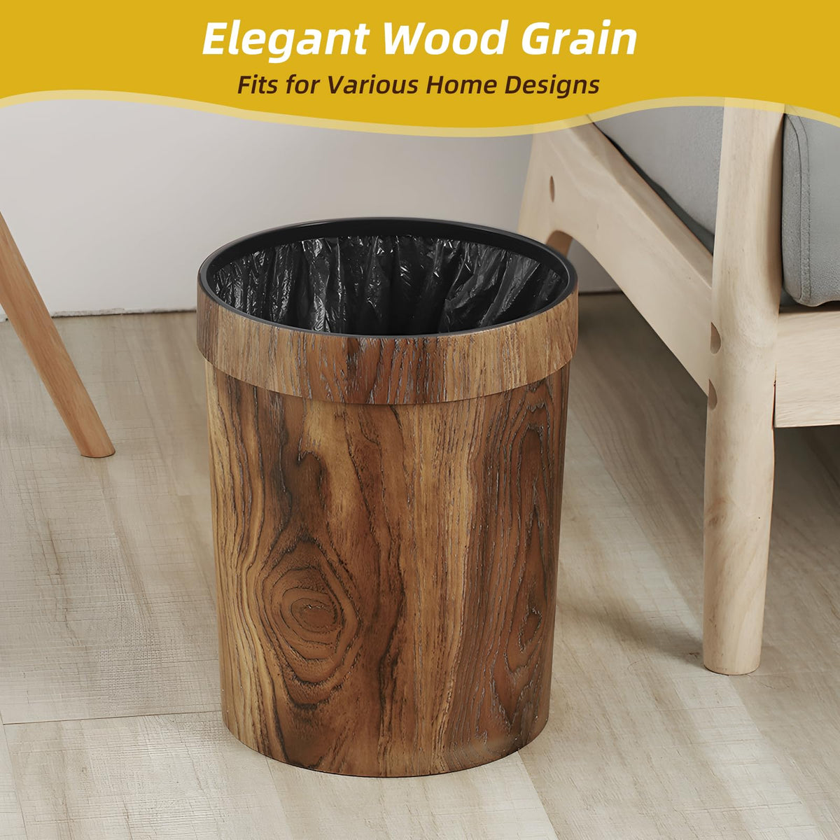 Wood Grain Plastic Trash Can Bedroom (2 Count)