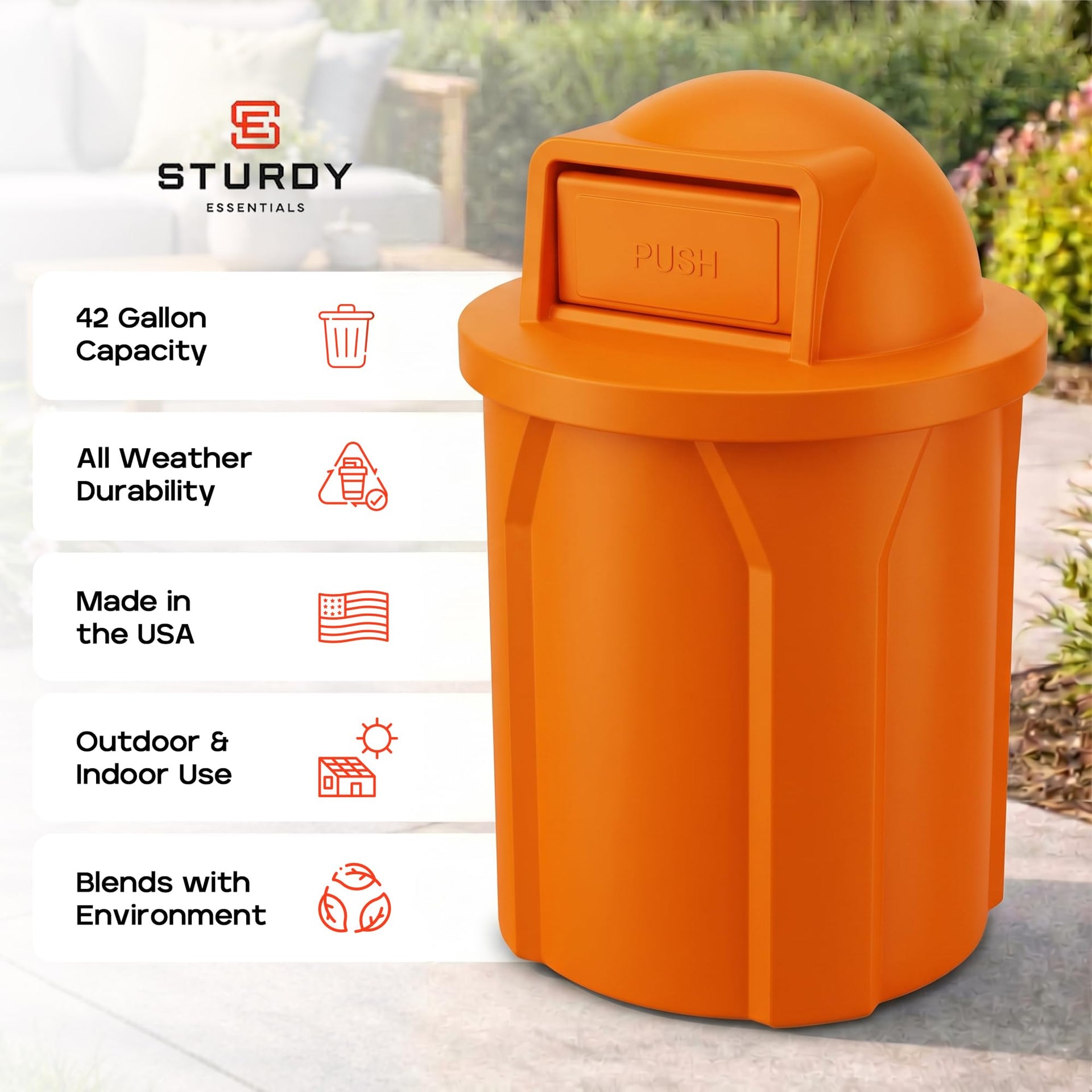 Campus Collection 42 Gallon Plastic Commercial Garbage Can with Push Lid