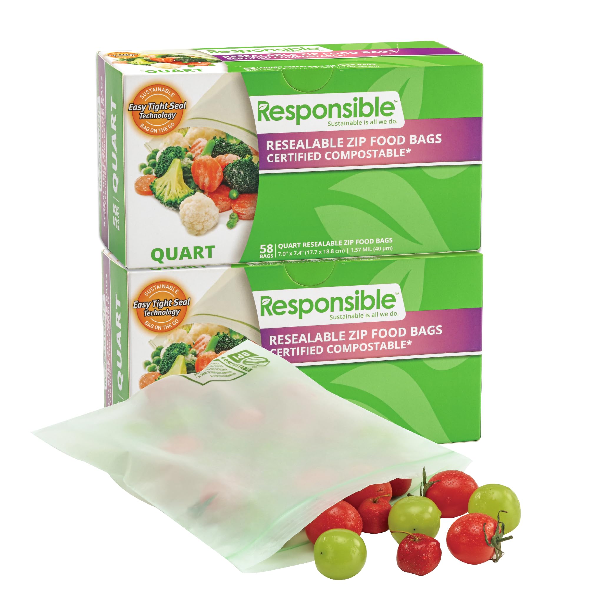 Certified Compostable QUART Resealable Zip Bag
