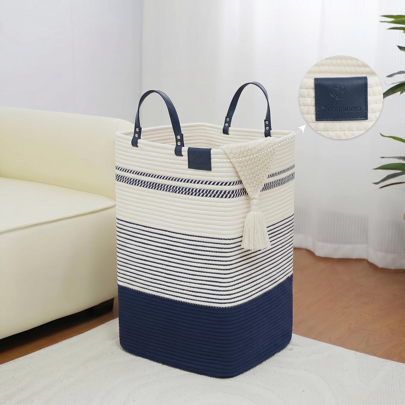 75L Woven Laundry Hamper with Long Leather Handles