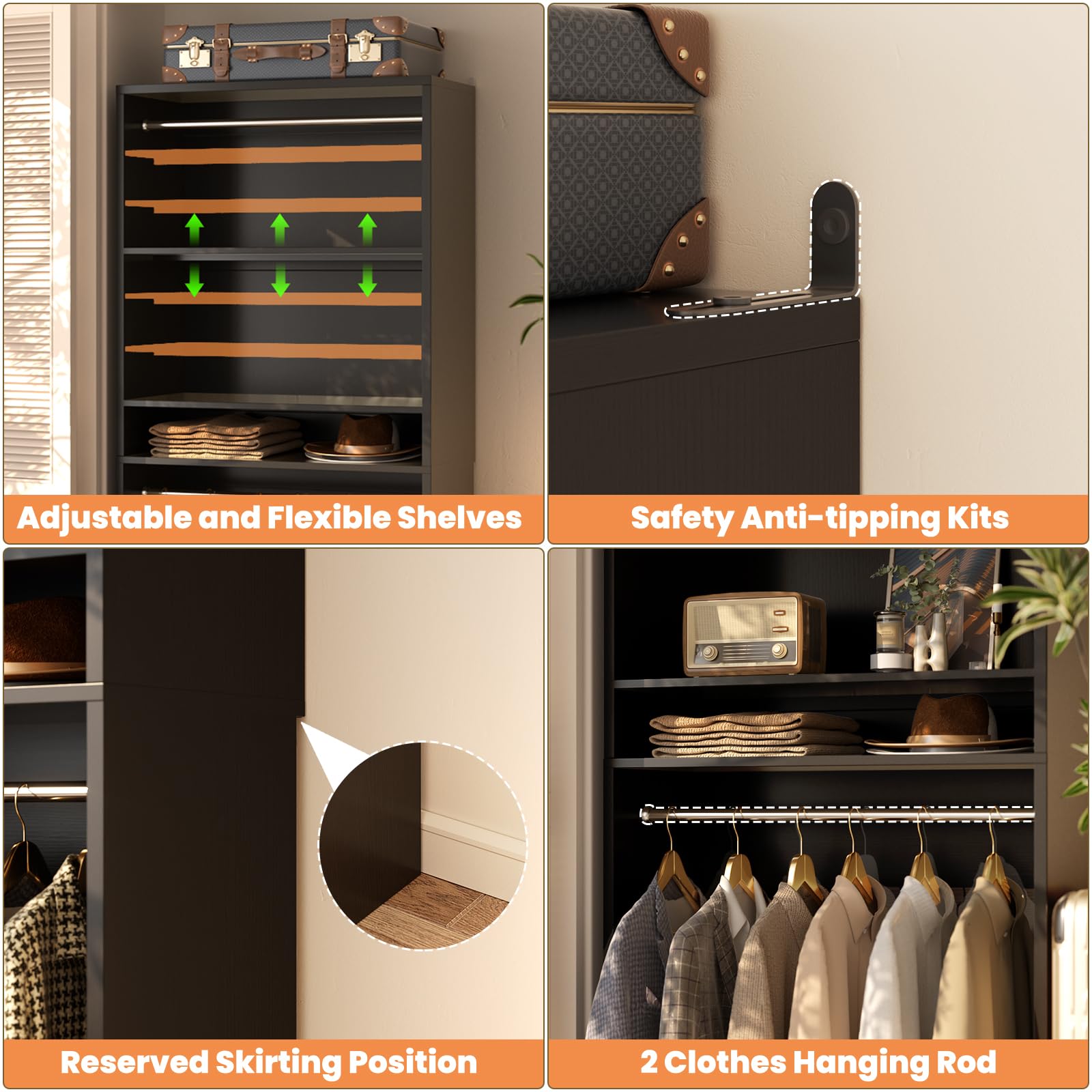 3FT Freestanding Closet System with 2 Hanging Rods & Adjustable Shelve
