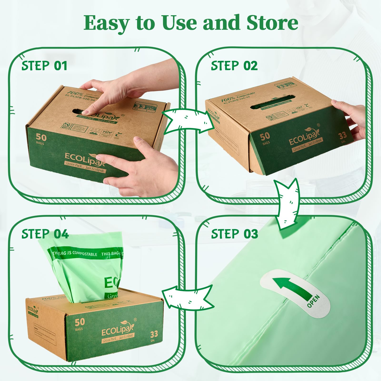 33 Gallon 50 Count Large Compostable Trash Garbage Bags for Lawn