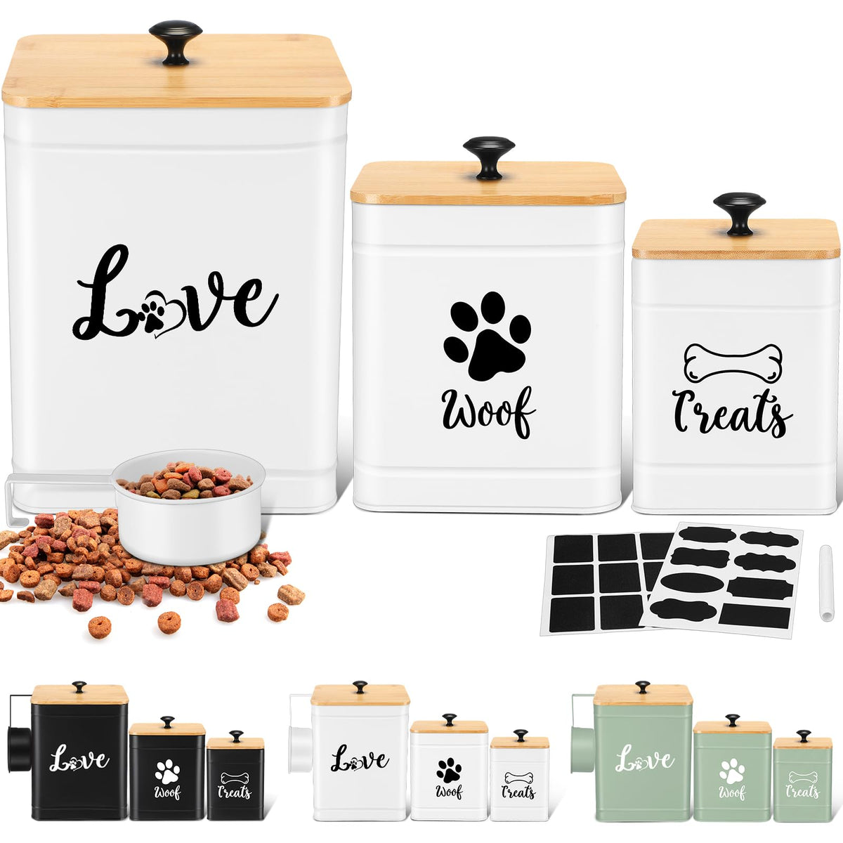 Metal Dog Treat Containers Set of 3 with Bamboo Lids and Spoon Airtight 7+3+2 lbs Dog Food Snack Jars with DIY Labels Big Pet Cookie Storage Jar for Kitchen Counter (3 Count)