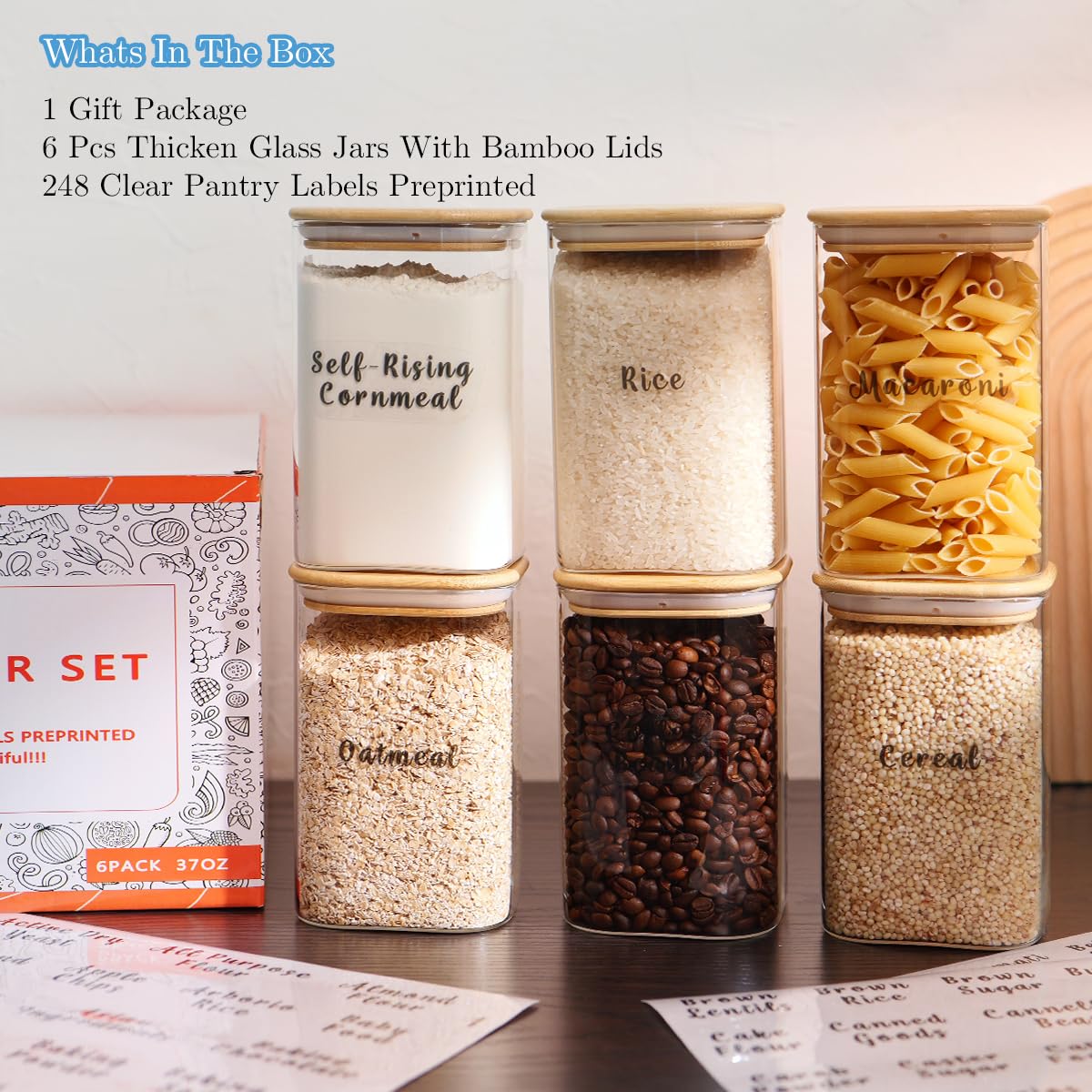 6 Pcs Square Glass Pantry Storage Containers with Bamboo Airtight Lid and 248 Clear Pantry Labels Preprinted
