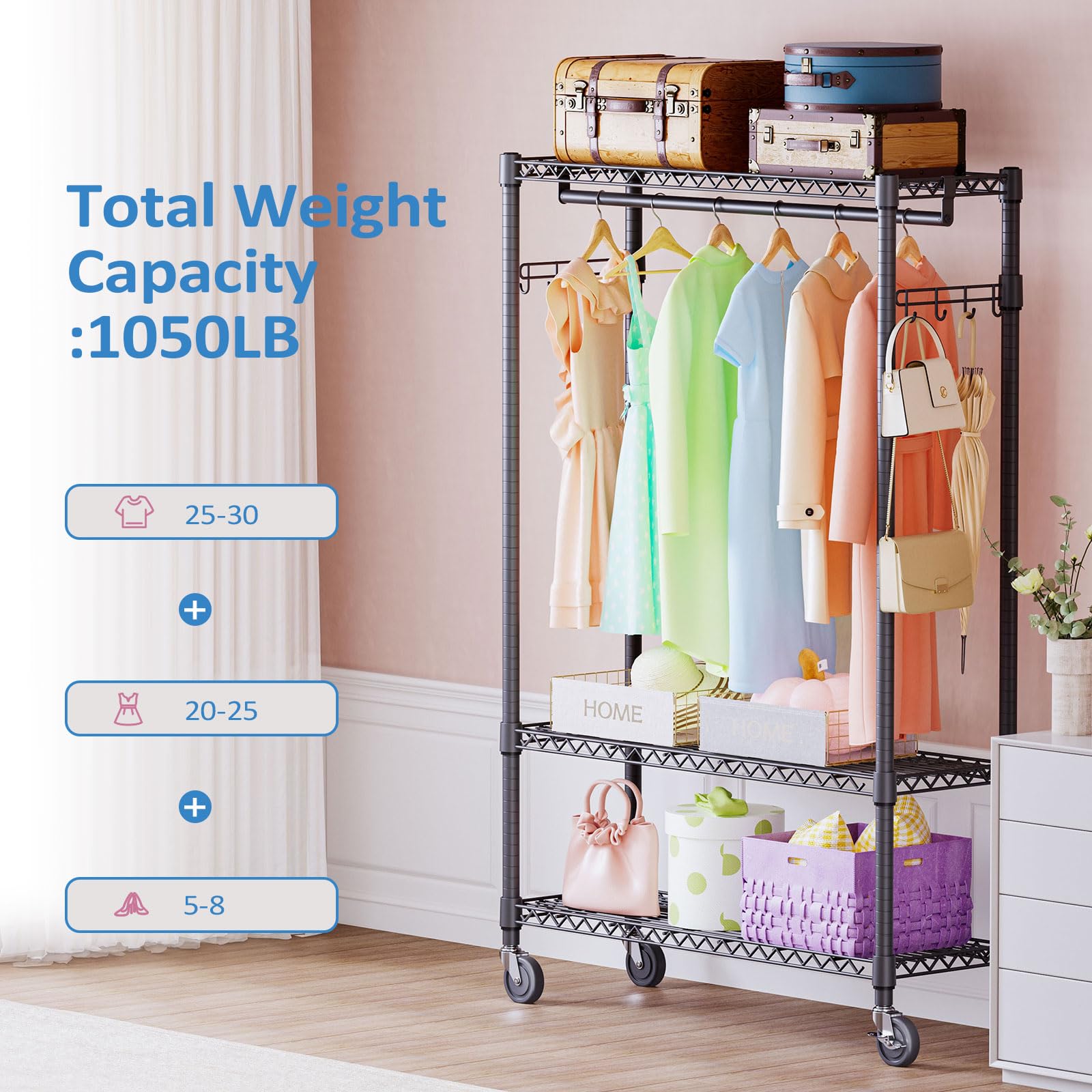 Heavy Duty Rolling Garment Rack Wire Clothes Rack for Hanging Clothes