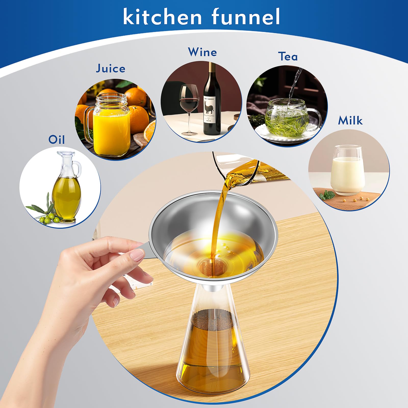 Stainless Steel Funnel with 30 Mesh Filter Food Grade Metal Funnel for Kitchen