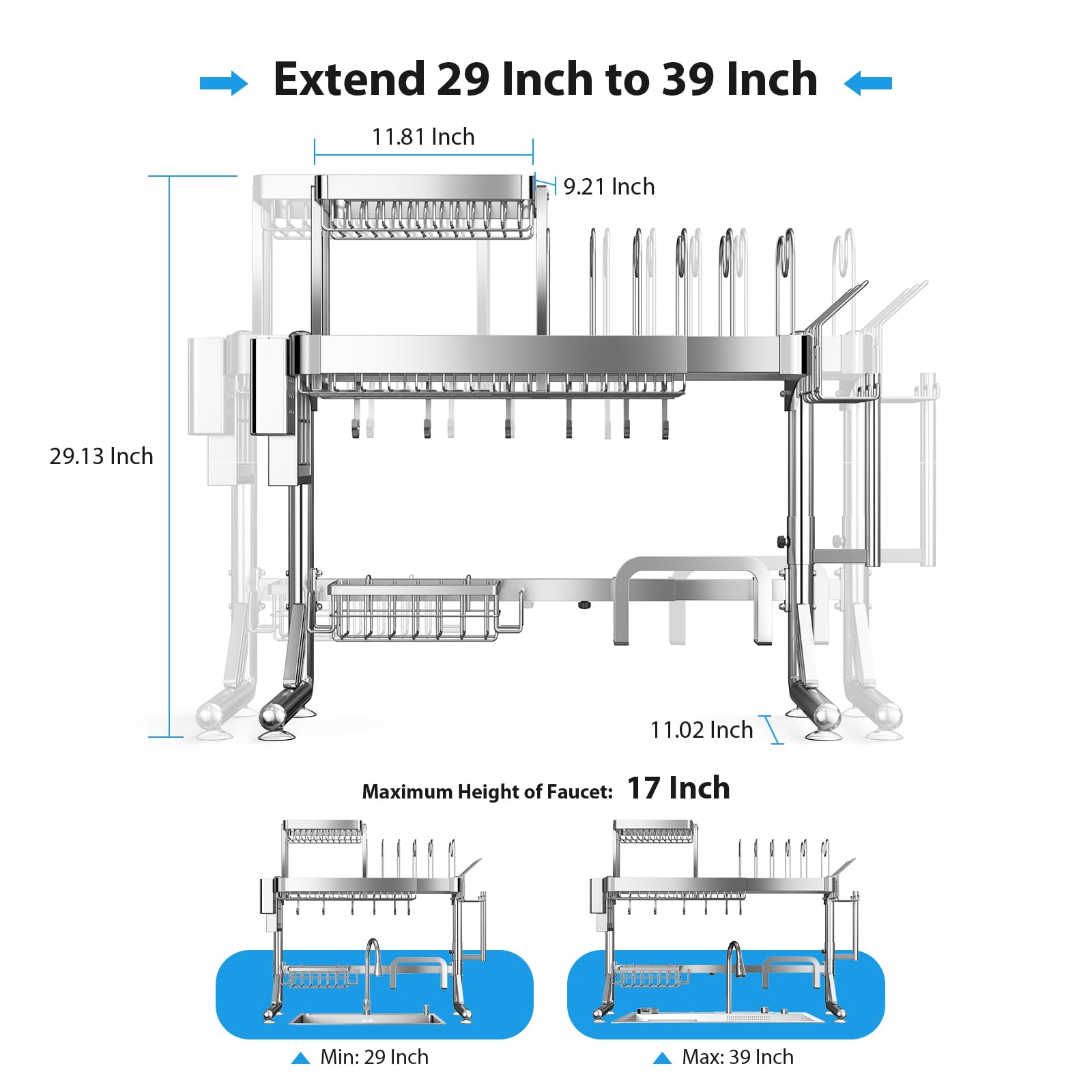 Upgrade 3 Tier Over Sink Dish Drying Rack Adjustable Width
