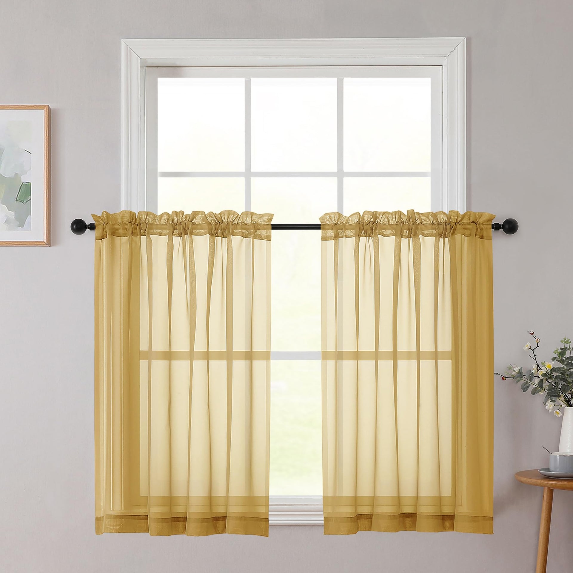 Gold Sheer Curtains 36 inch Length 2 Panels Set