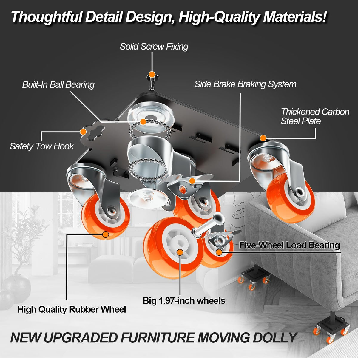 Furniture Dolly 5 Wheels Heavy Duty with Removable Side Guards