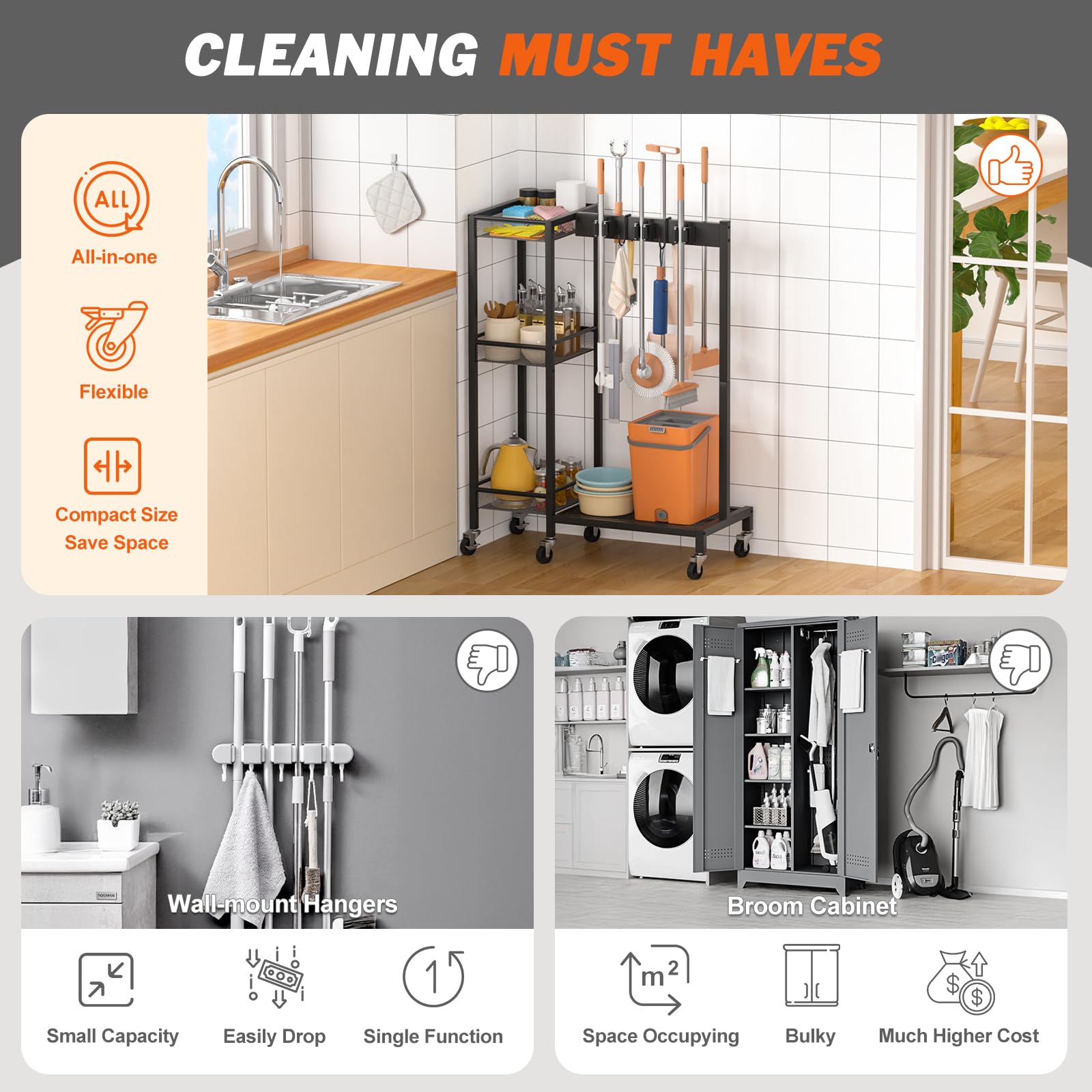 Broom Holder with Cleaning Supplies Organizer