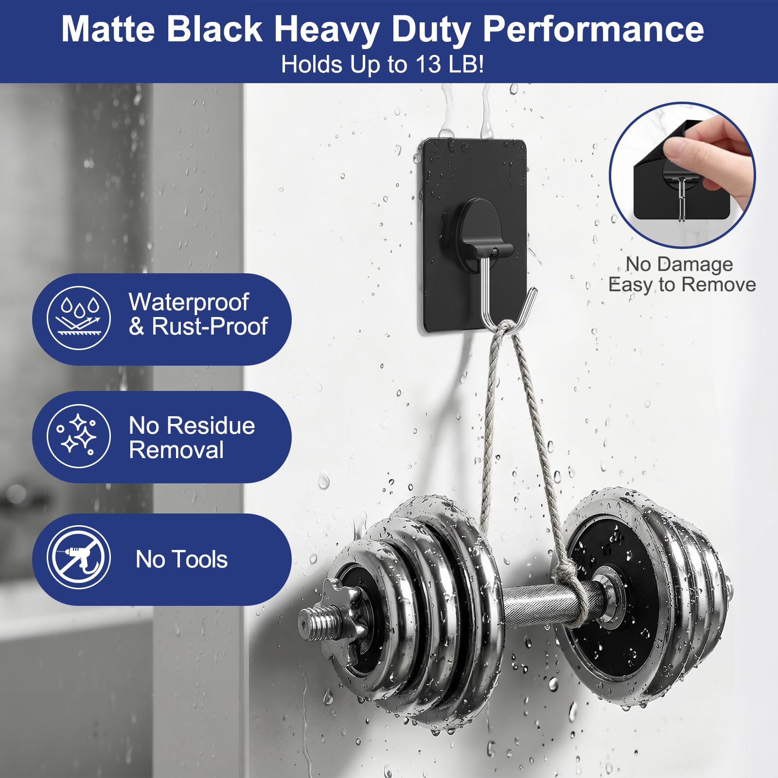 Adhesive Wall Hooks No Drill Black Heavy Duty (12 Count)