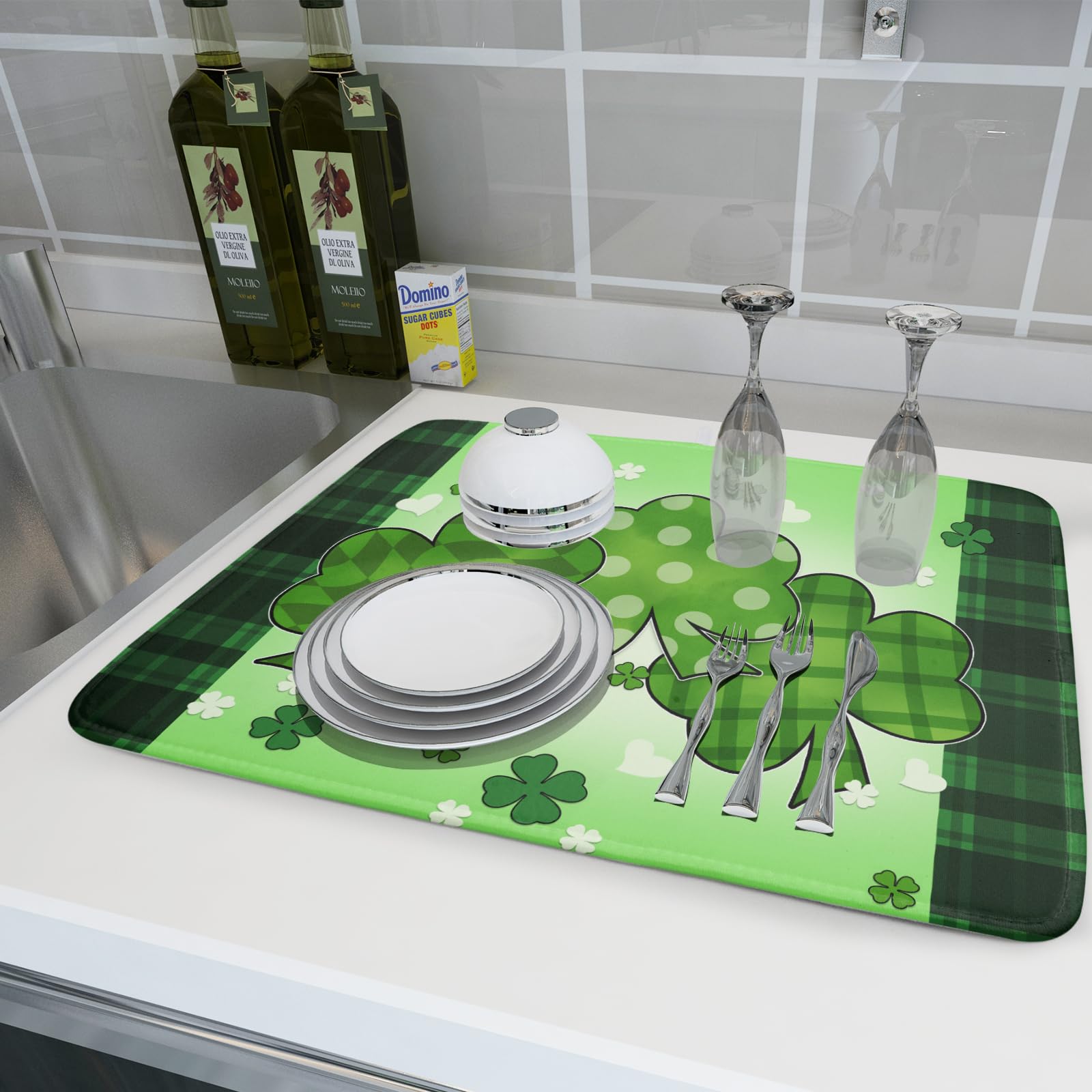 St Patricks Day Shamrocks Lucky Clovers Dish Drying Mat for Kitchen Counter St Patrick's Day Decorative Drying Pad 18x24 Inch Irish Green Buffalo Check Plaid Drying Dish Mats for Countertop Coffee Bar