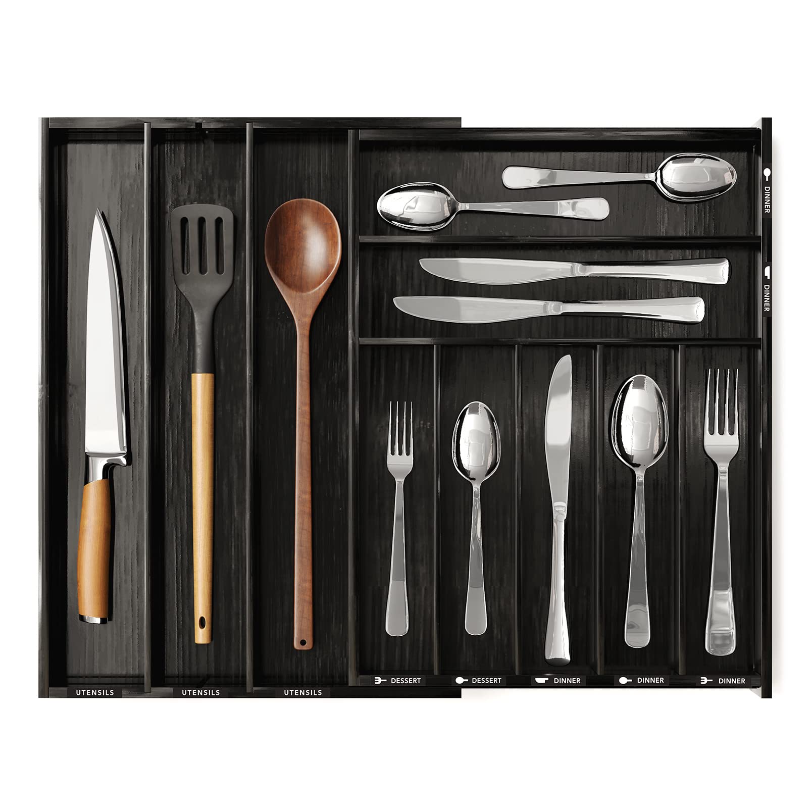 Bamboo Silverware Drawer Organizer with Labels