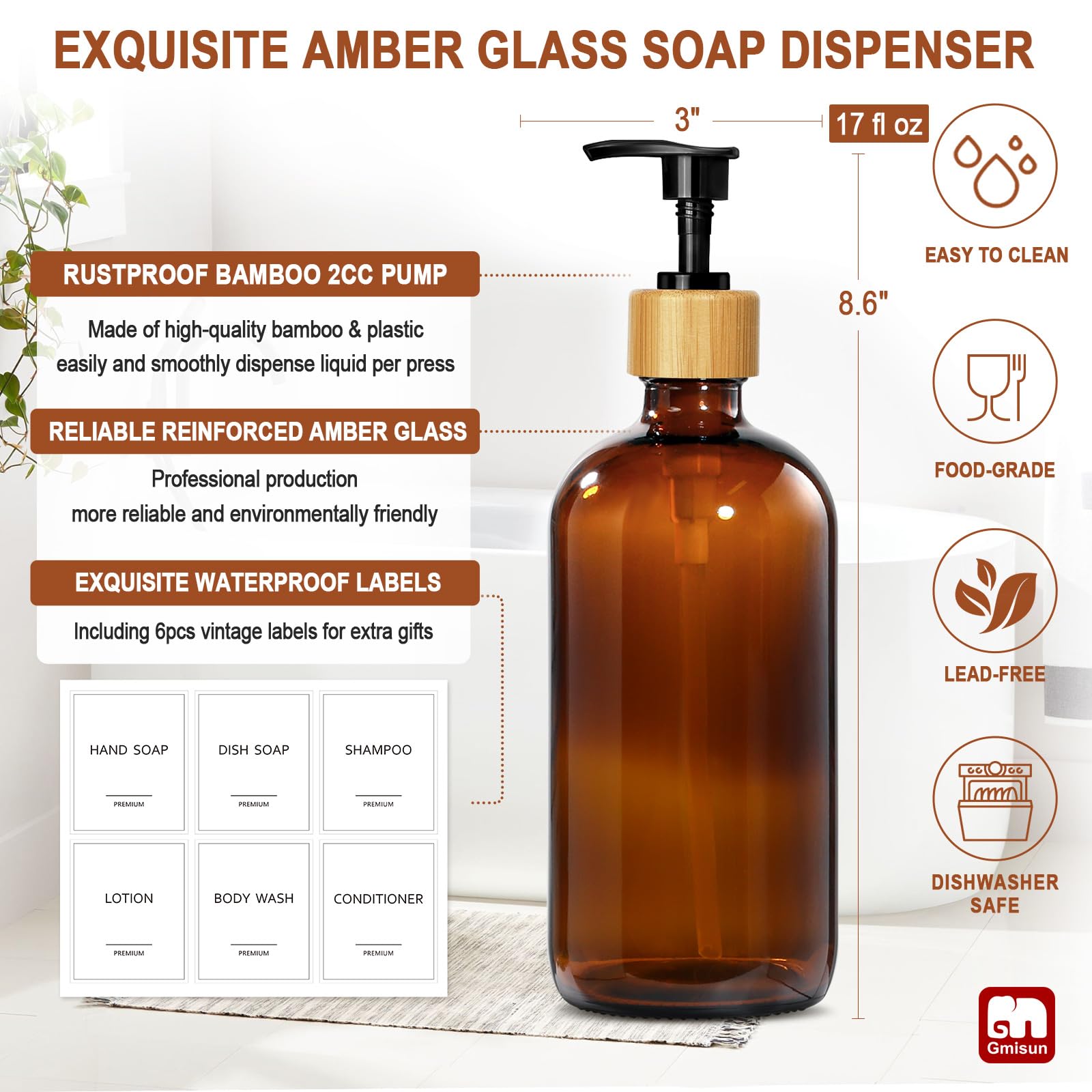 Amber Glass Soap Dispenser (2 Count)