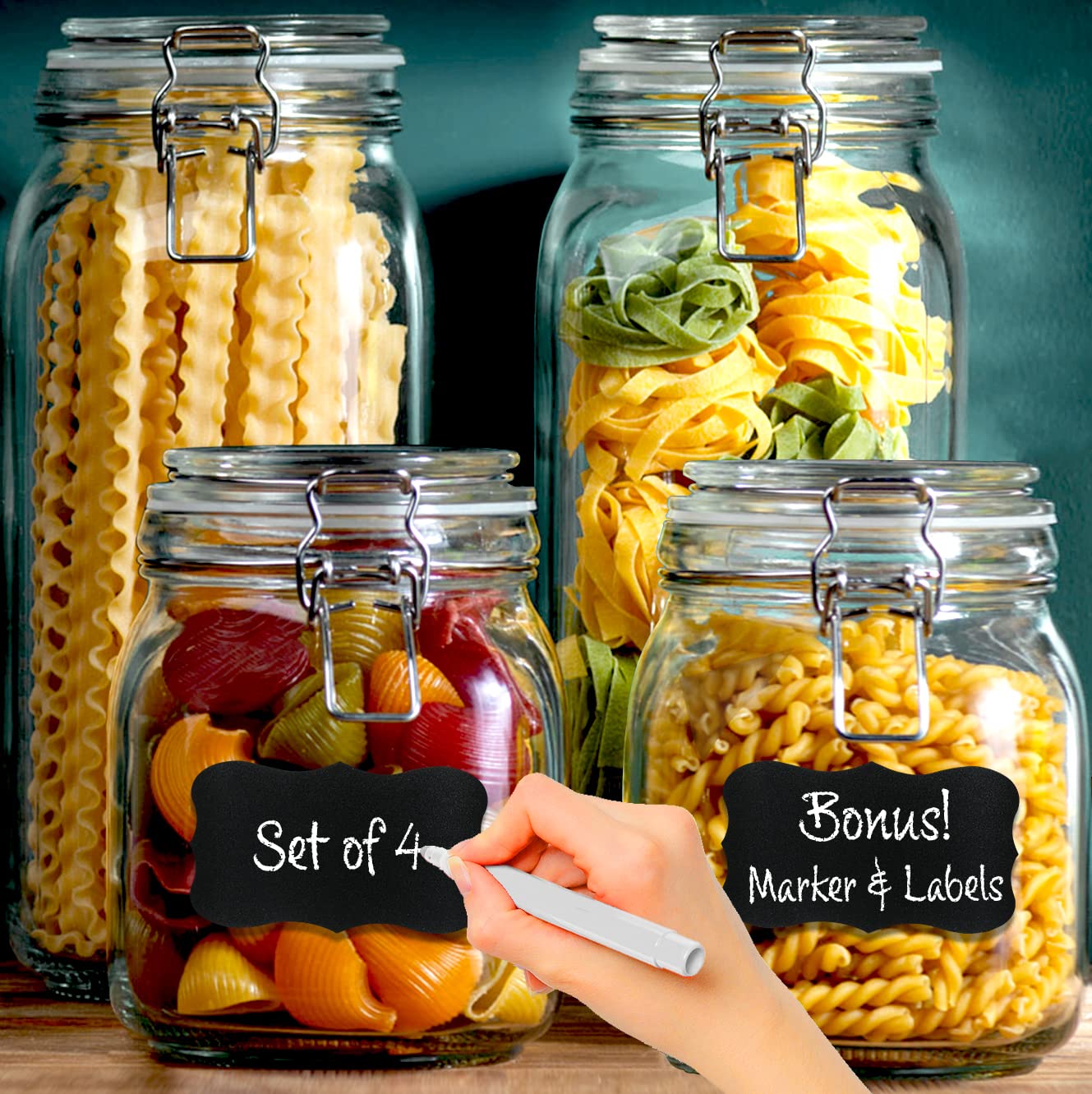 4 Glass Food Storage Jars with Airtight Lids + Chalkboard & Marker (4 Count)