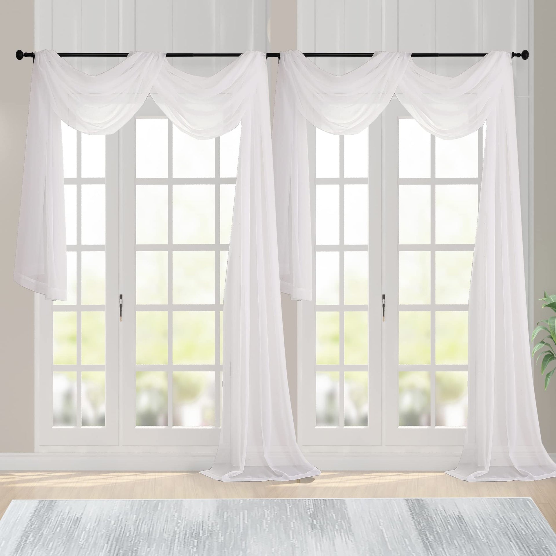Ivory Sheer Scarf Valances for Windows 216 Inch Extra Long (2 Count)
