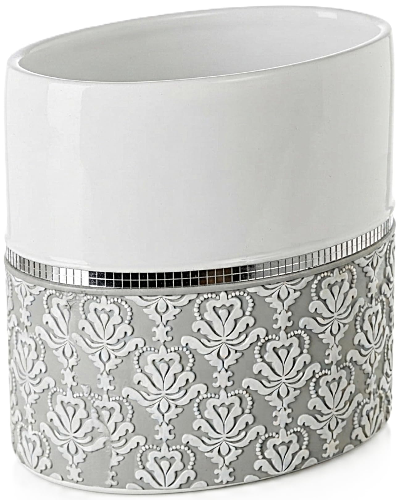 Mirror Damask White & Gray Small Oval Bathroom Trash Can 1.6 Gal