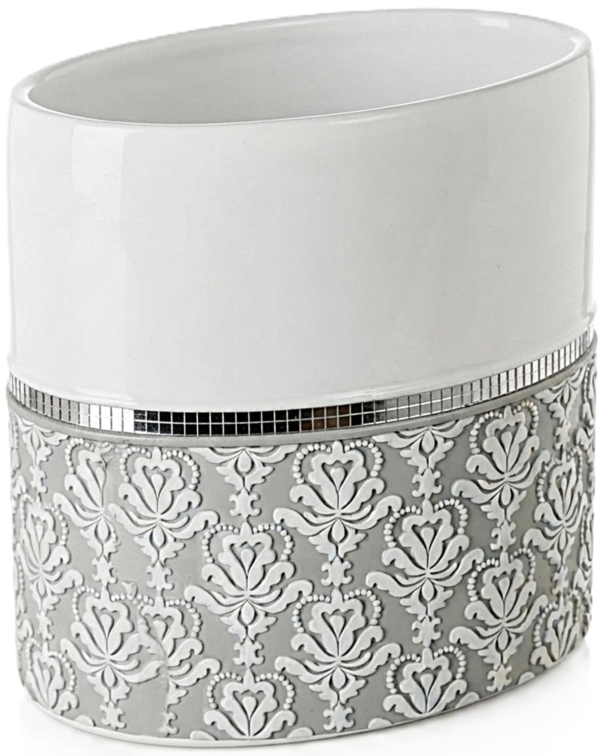 Mirror Damask White & Gray Small Oval Bathroom Trash Can 1.6 Gal