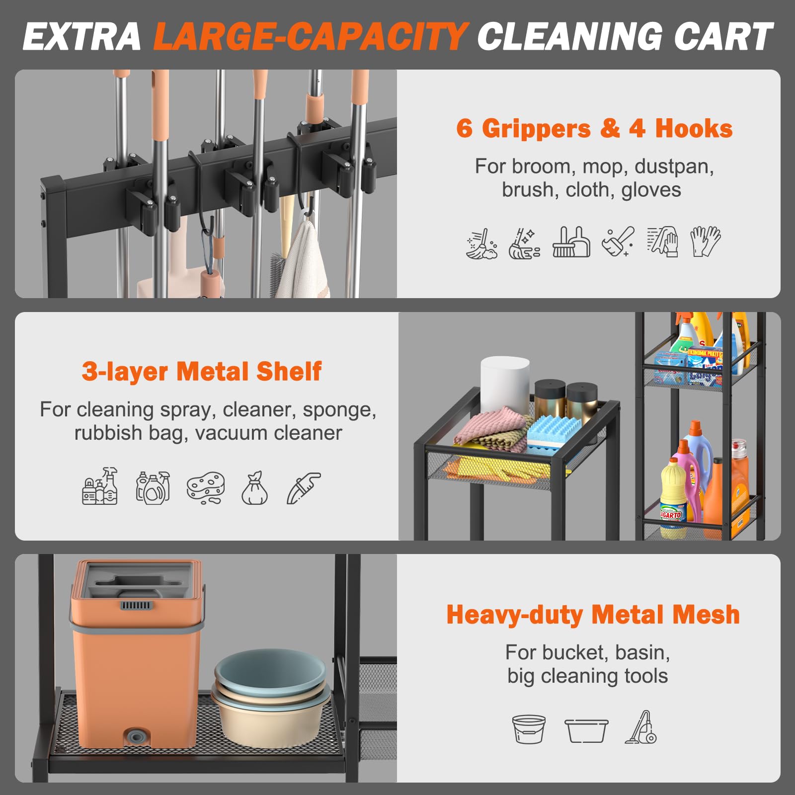 Broom Holder with Cleaning Supplies Organizer