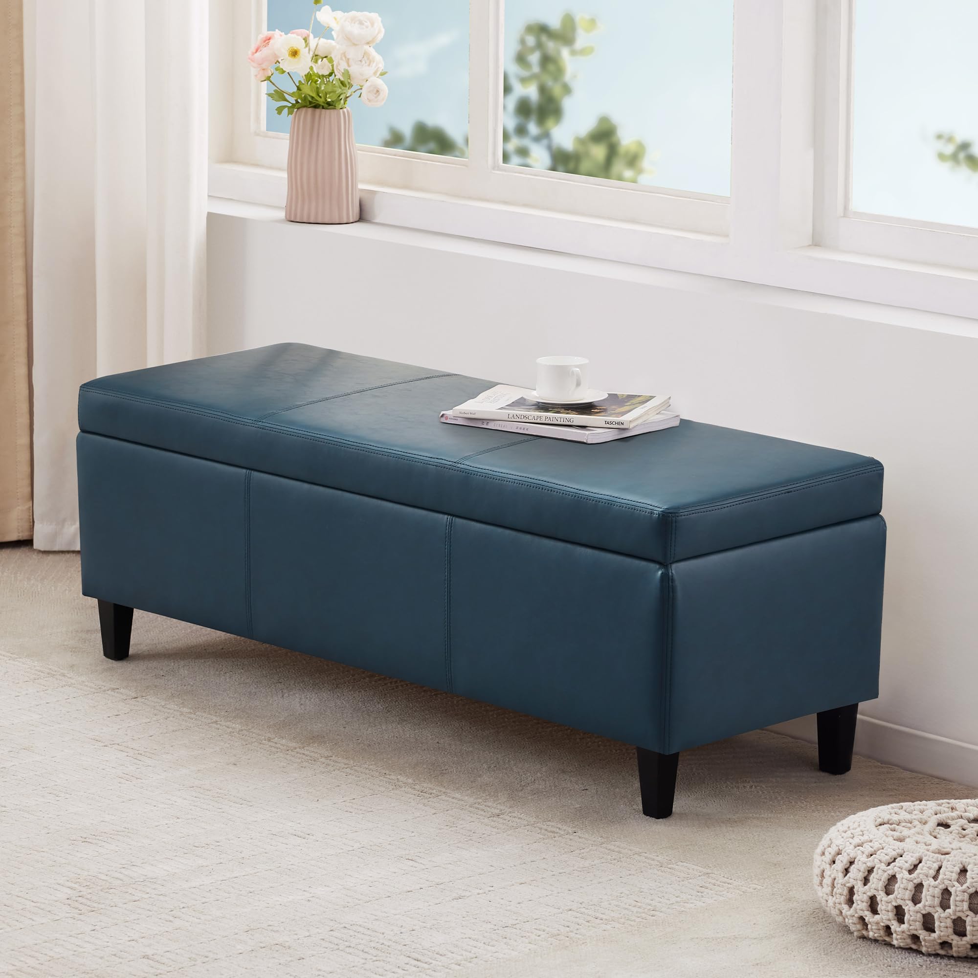 Faux Leather Storage Ottoman Bench 50.3 Inch Extra Long PU Upholstered Bedroom Bench with Large Storage Space for The Living Room