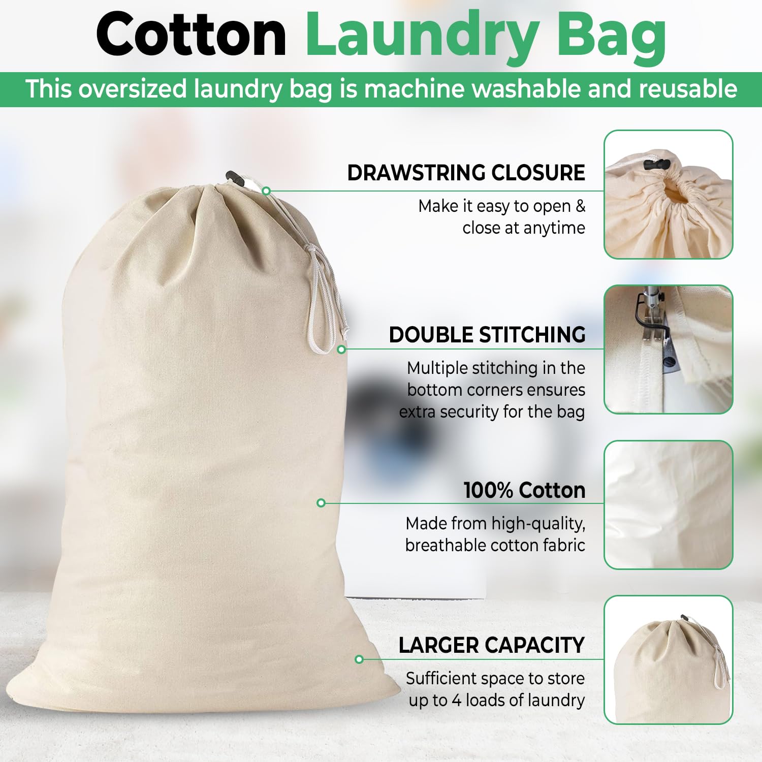 4 Pack Extra Large Cotton Laundry Bag (2 Count)