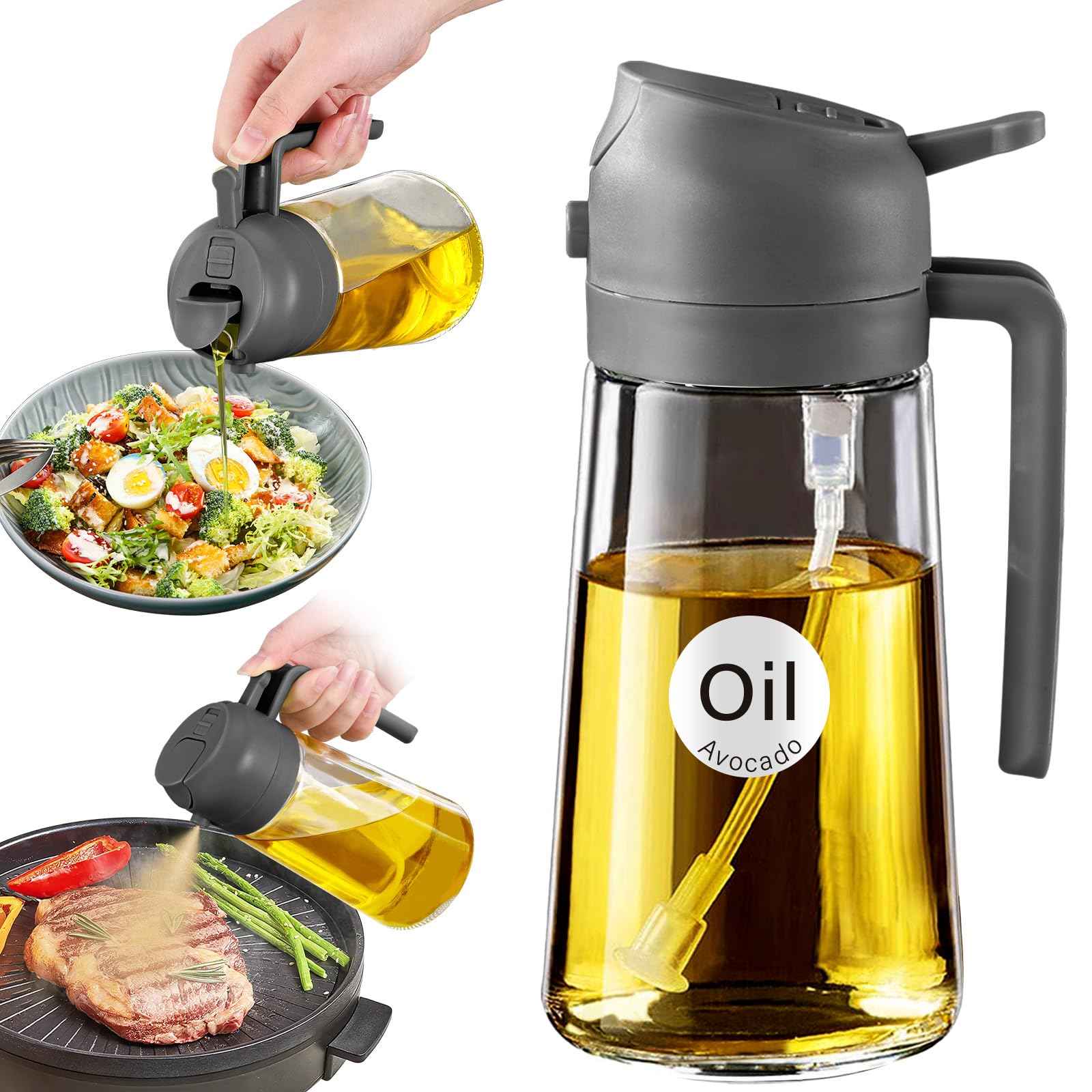16 oz 2-in-1 Glass Olive Oil Sprayer for Cooking, Grey
