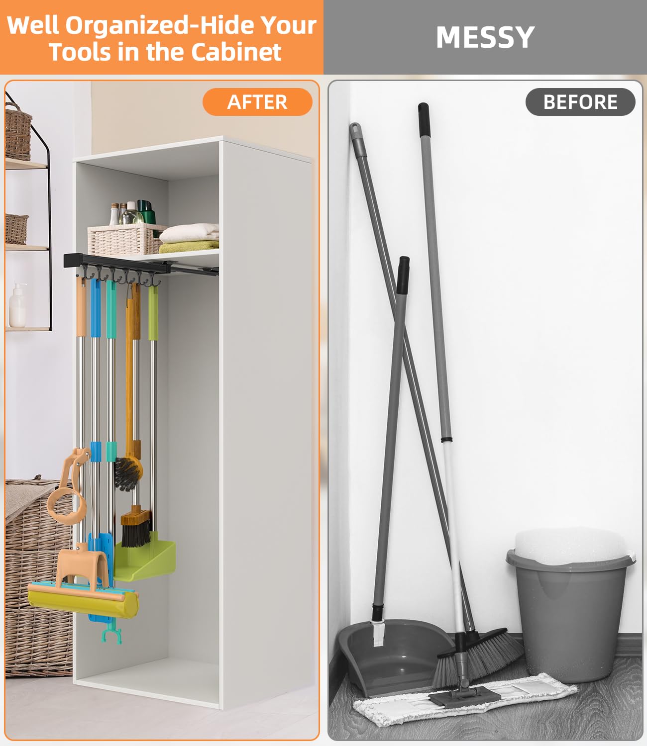 Pull Out Broom Holder With Adjustable Double Row Sliding Hook