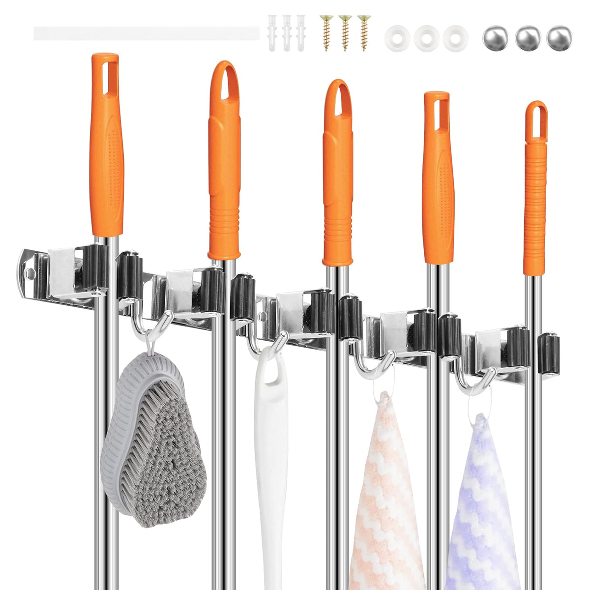 2 Pack Broom Holder Wall Mount 5 Racks 4 Hooks Stainless Steel Broom Mop Holder Anti Slip Storage Rack Strong Load Bearing Waterproof Broom and Mop Organizer Wall Hanging for Bathroom Kitchen Garage (2 Count)