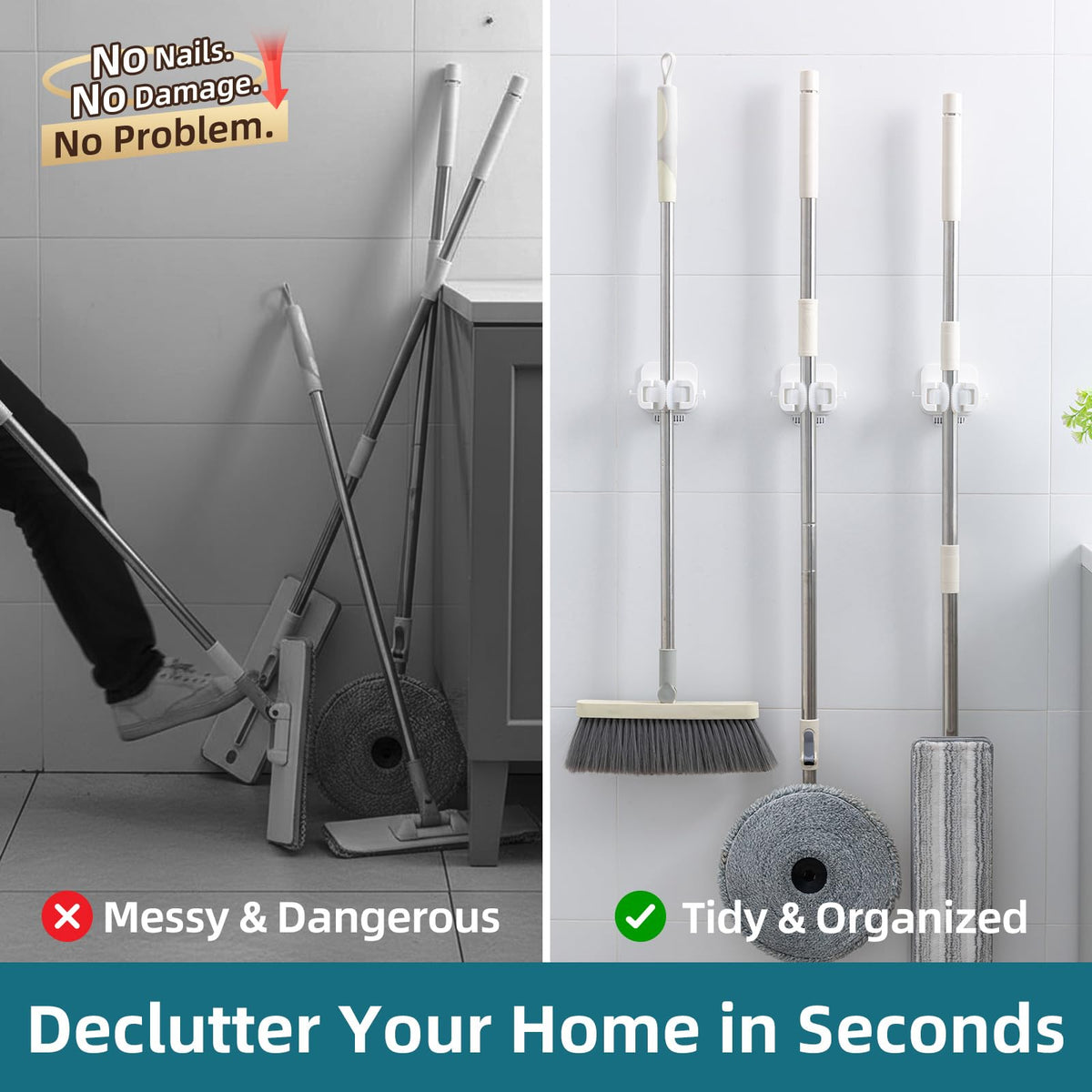 Mop and Broom Holder Wall Mount Grippers (3 Count)