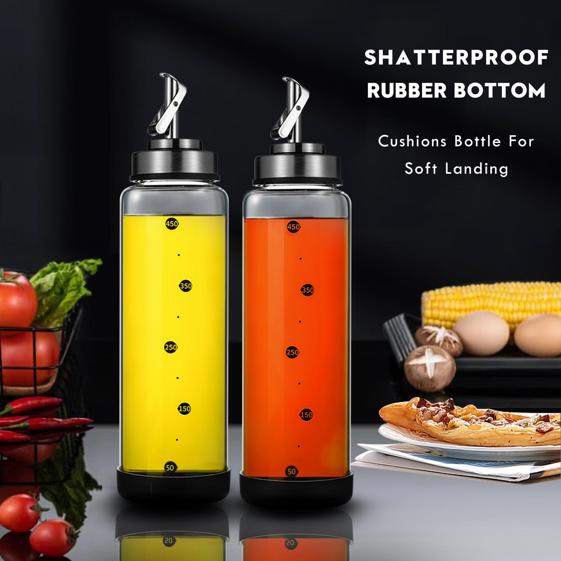 Glass Olive Oil Dispenser Bottle for Kitchen Shatterproof & Leakproof Oil and Vinegar Dispenser Set with Stainless Steel Spout & Rubber Bottom 17 oz Olive Oil Bottle for Cooking