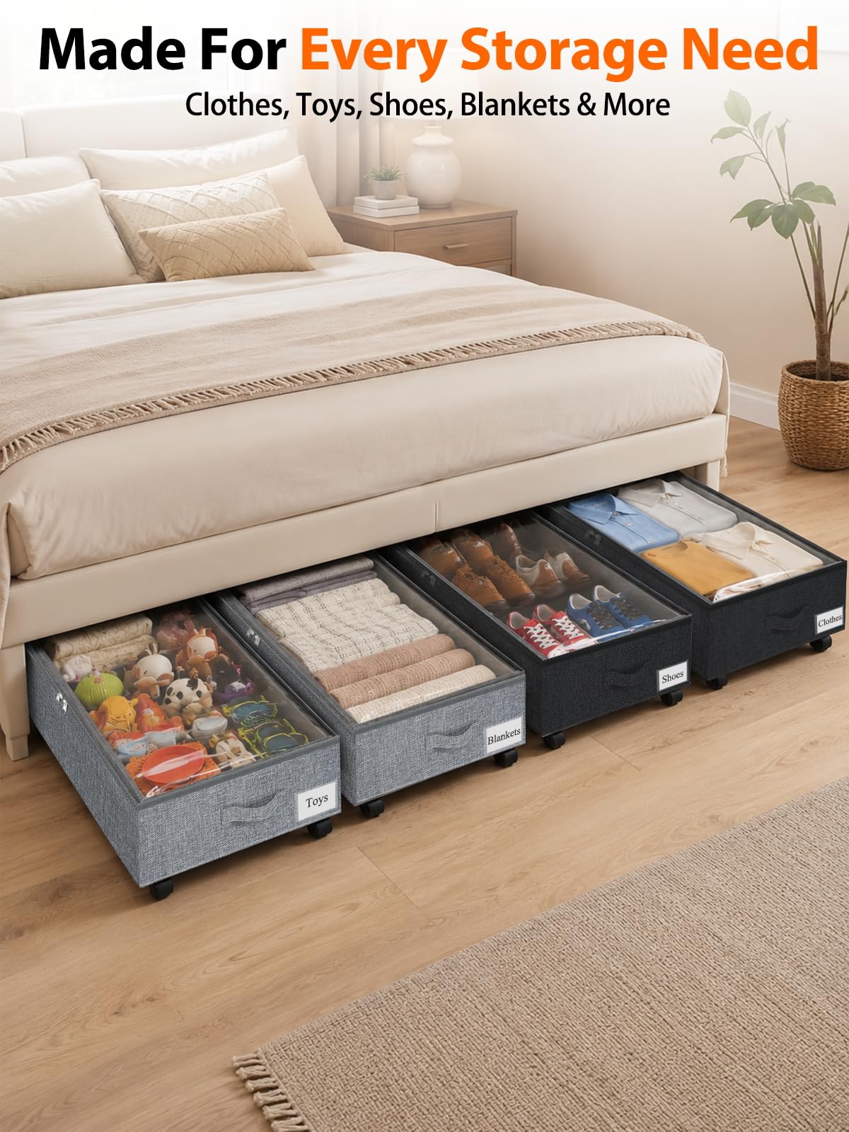 10 inch Tall Under Bed Storage Bins with Wheels (2 Count)