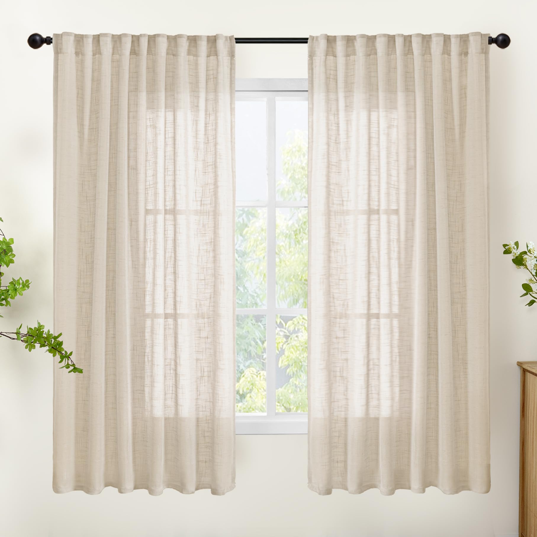 Oatmeal Linen Semi Sheer Curtains 63 Inches Long for Living Room 2 Panels (2 Count)