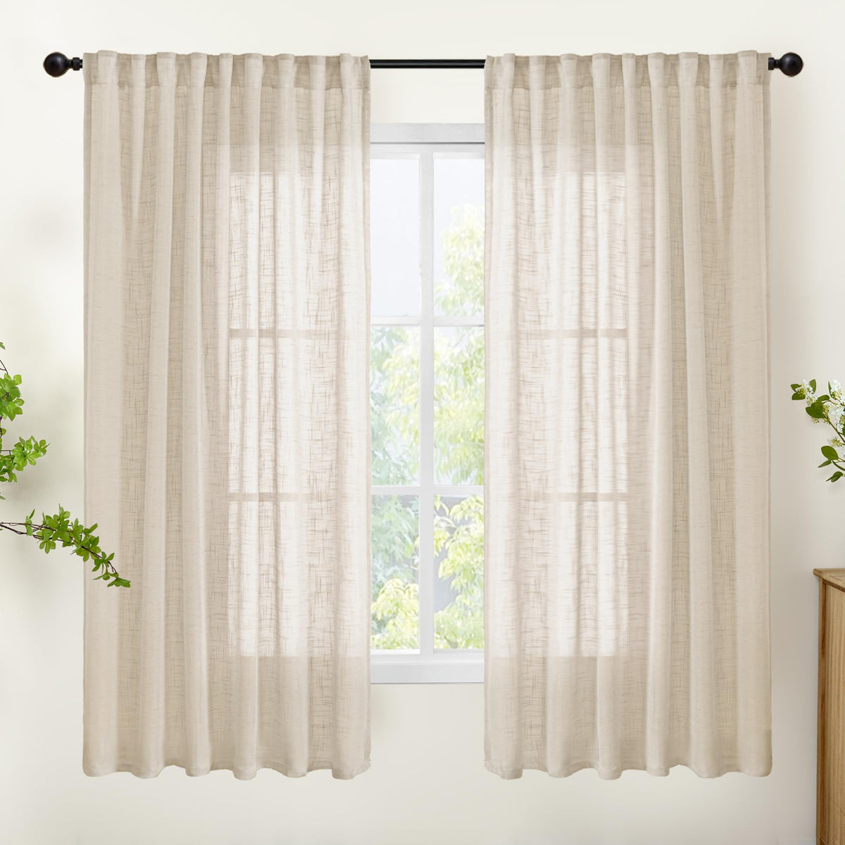 Oatmeal Linen Semi Sheer Curtains 63 Inches Long for Living Room 2 Panels (2 Count)