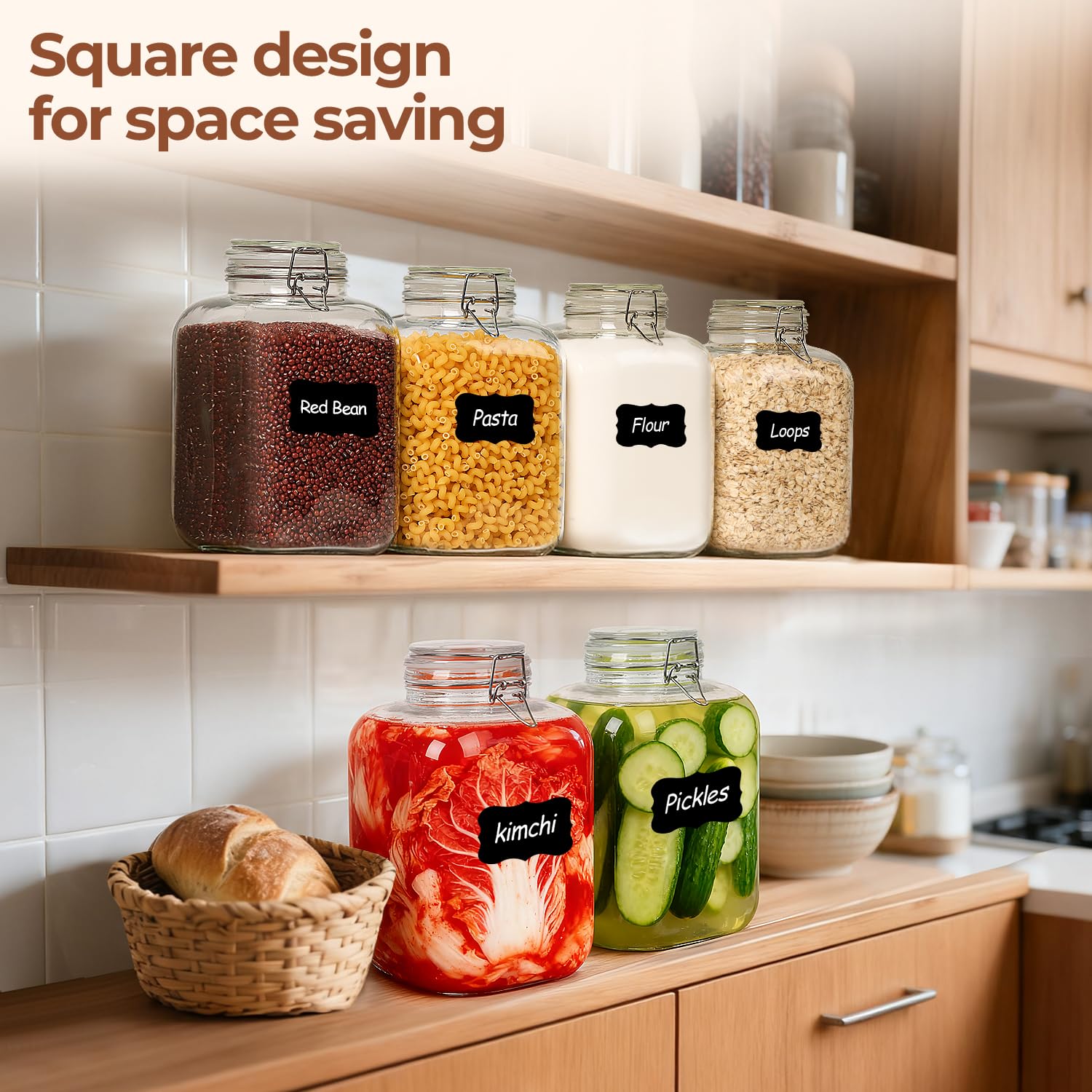 Square Glass Pantry Jars with Airtight Lids 1.1 Gallon 2 Pack Large (2 Count)