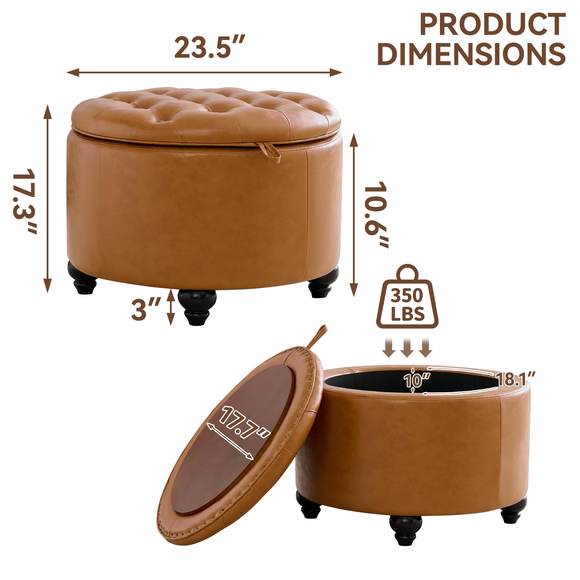 24Inch Round Storage Ottoman with Tray