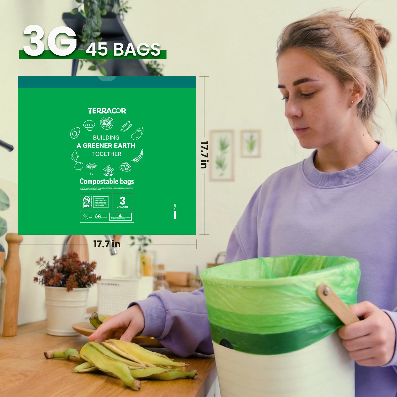 3 Gallon Compostable Trash Bags Drawstring (45 Count)