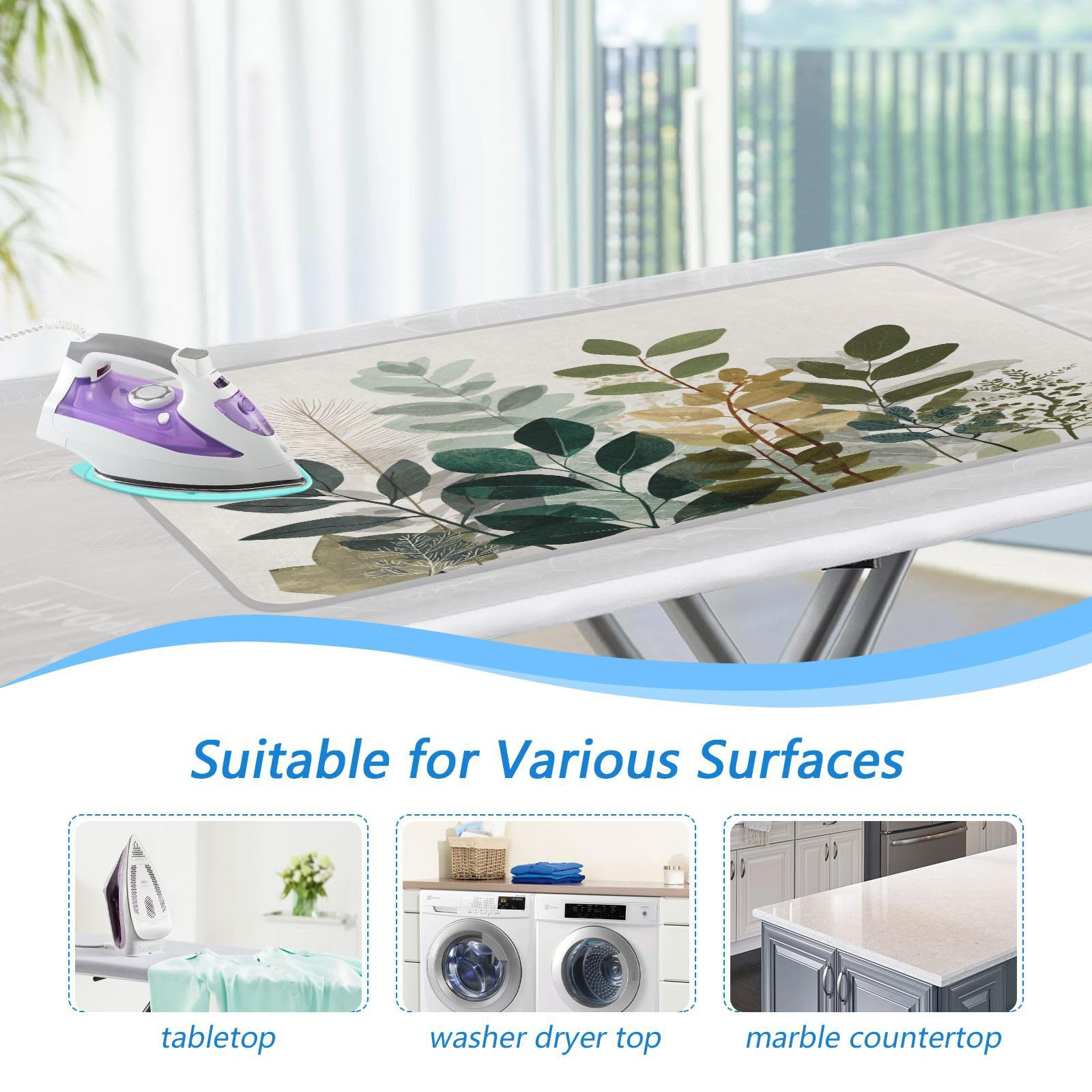 Beige Boho Style Leaves Ironing Mat Portable Ironing Pad Blanket with Silicone Iron Rest for Table Top Travel Heat Resistant Double