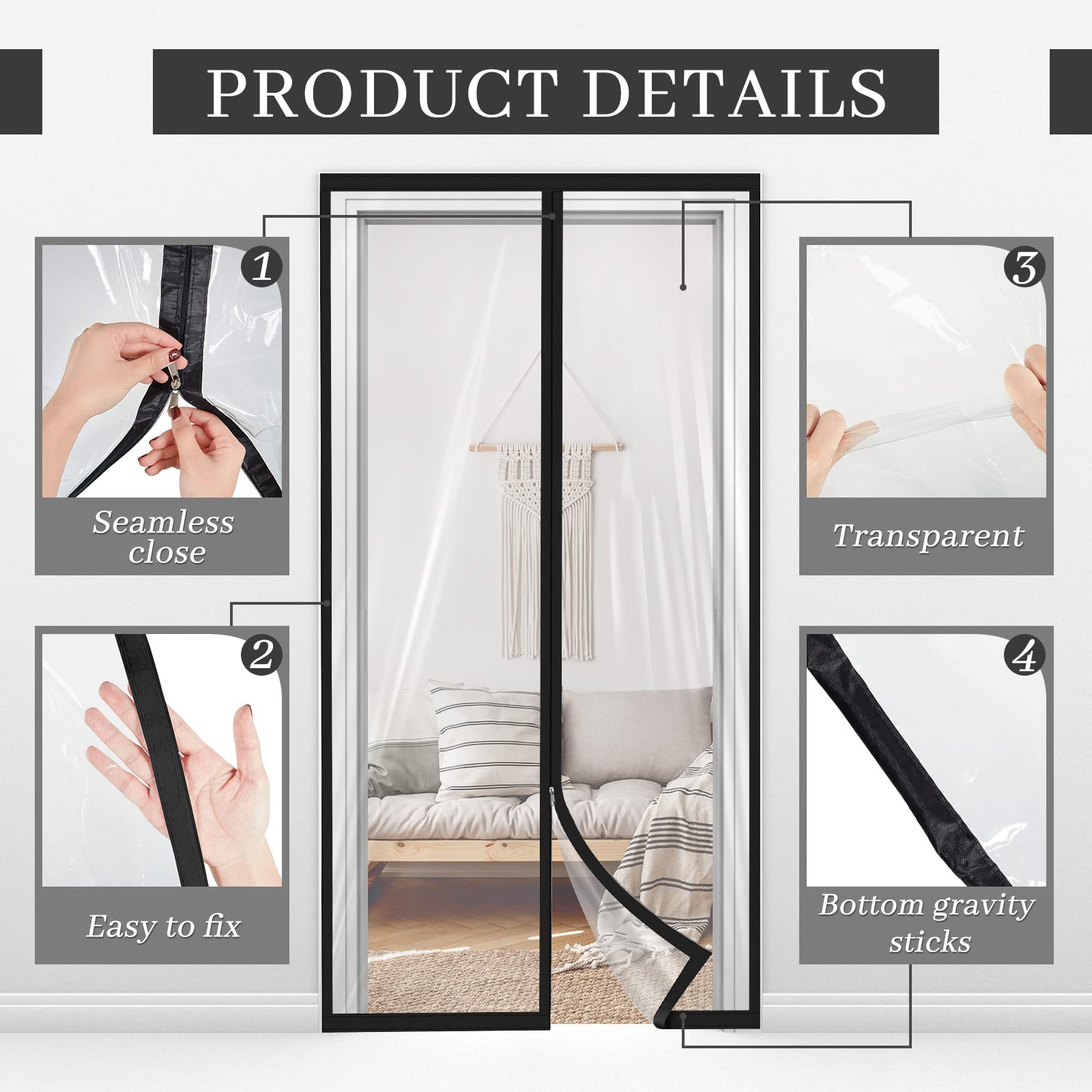 Zipper 48 x 87 Inch Dust Barrier Door Kit Construction Door Barrier 4 x 7.25 ft Reusable Plastic Curtain Cover Containment Standard Doorway Temporary Wall Screen Sheeting for Bathroom Hallway