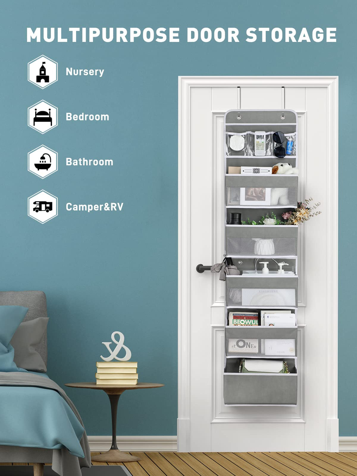 Over the Door Storage Organizer for Nursery Closet 6 Tier Grey