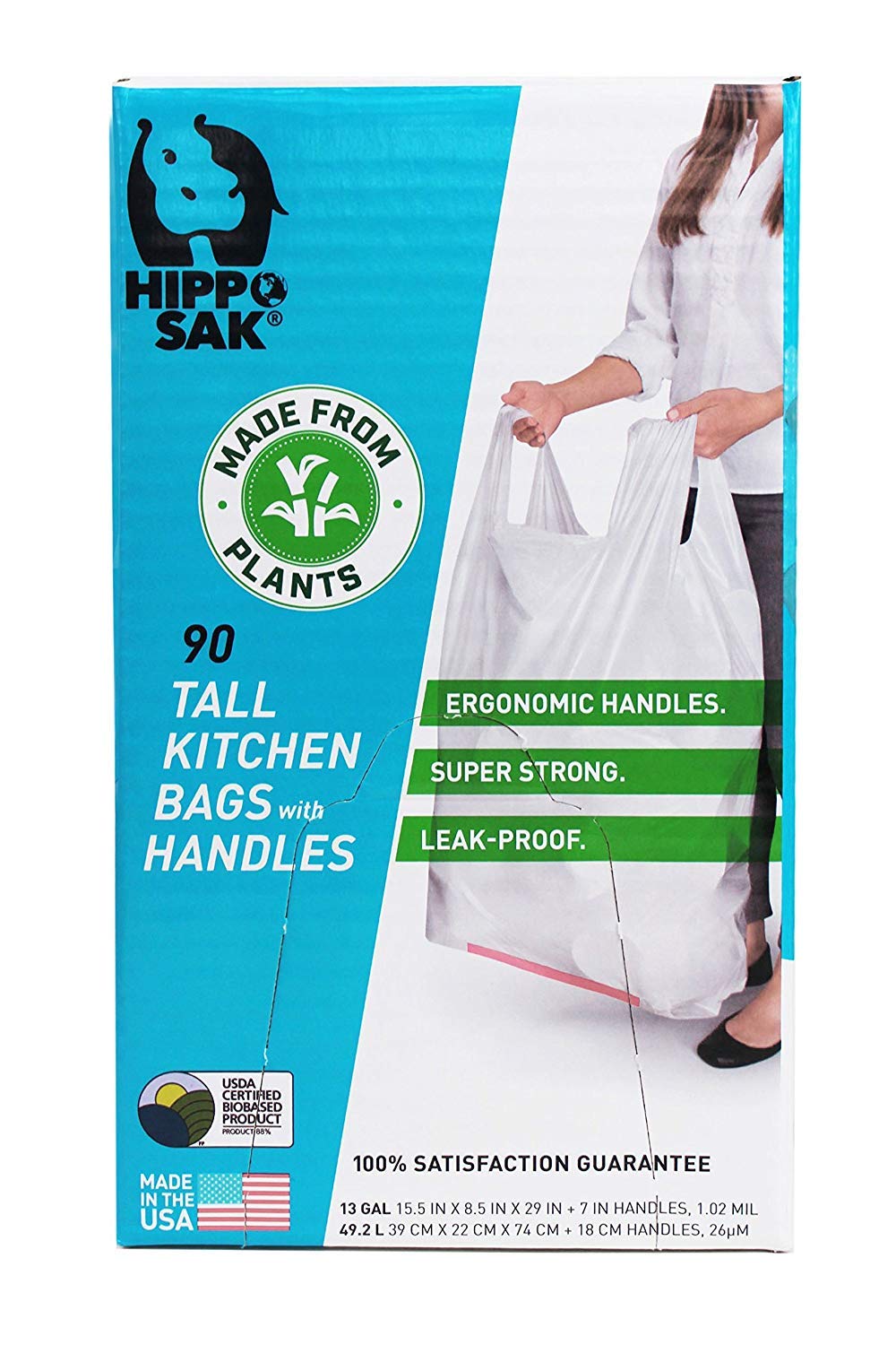 Plant Based Tall Kitchen Garbage Bags with Ergonomic Handles (90 Count)