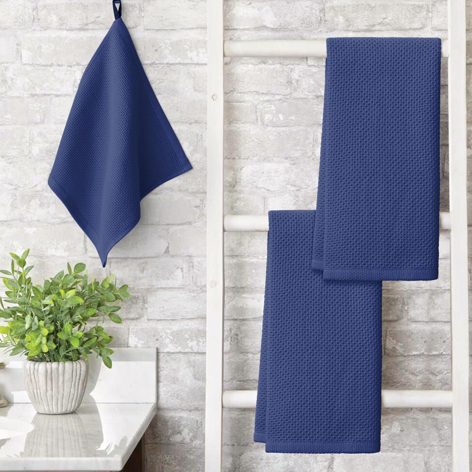 100% Cotton Navy Blue Waffle Weave Kitchen Dish Cloths (4 Count)
