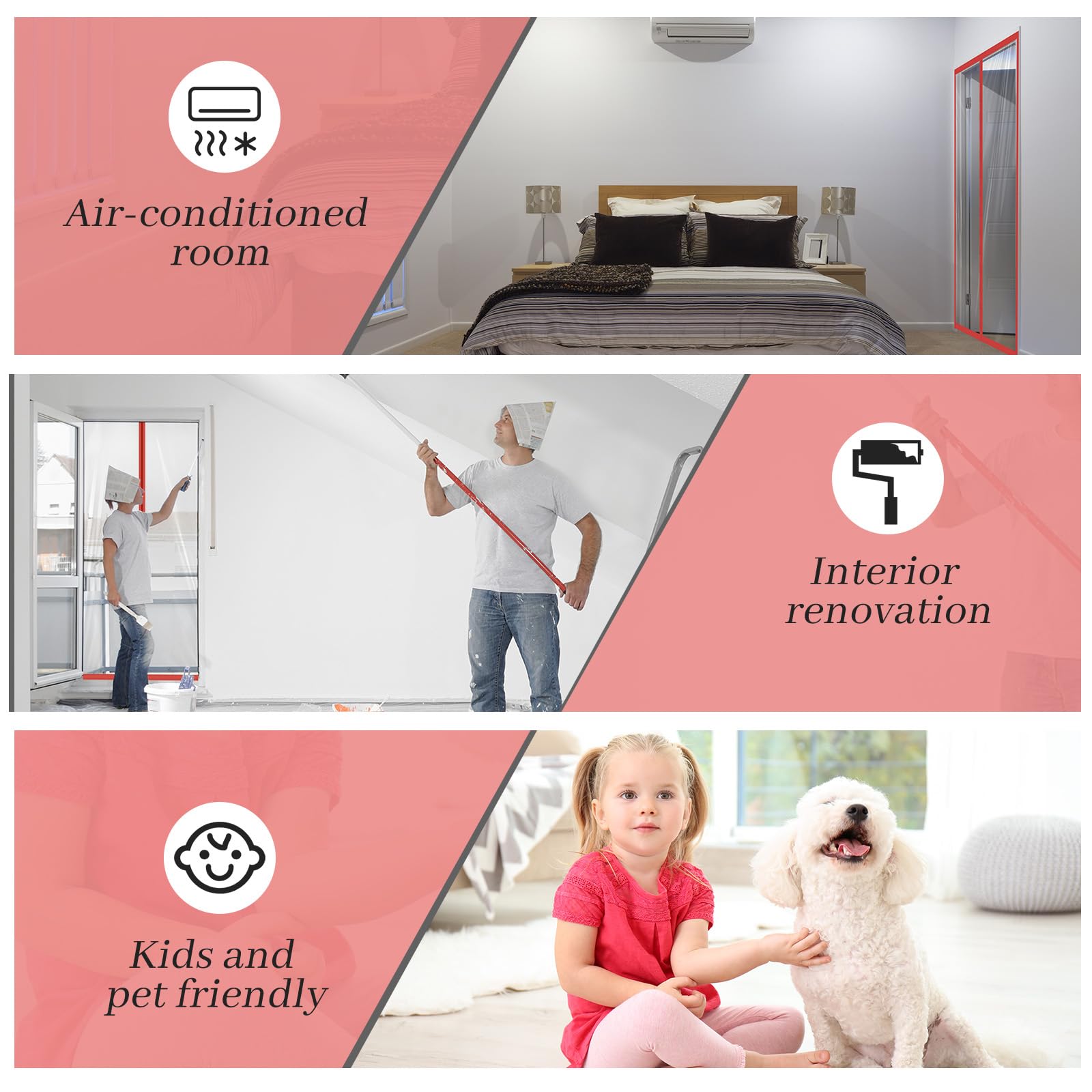 Zipper 72 x 80 Inch Dust Barrier Door Red 6 x 6.7 ft Winter Construction Door Reusable Plastic Curtain Cover Containment Standard Doorway Temporary Wall Screen Sheeting for Bathroom Hallway