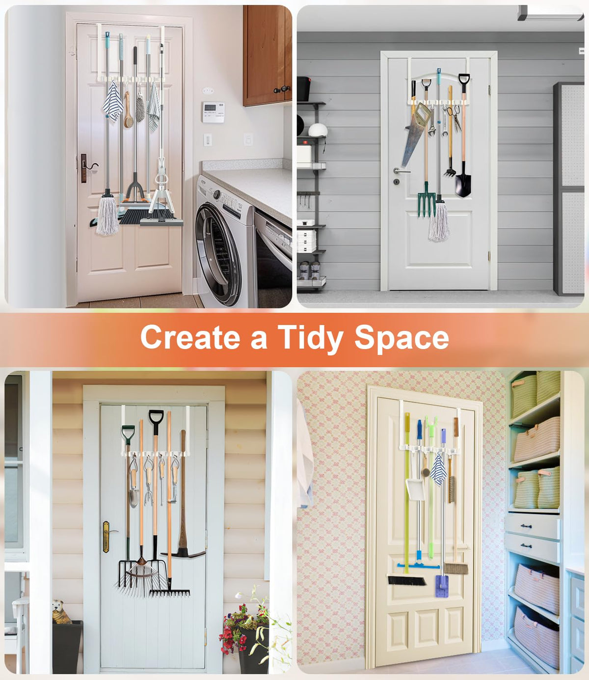 Broom Holder Over The Door with 4 Over Door Hook